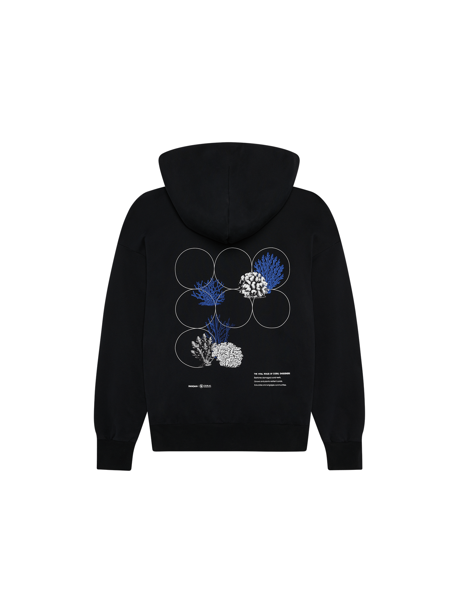 Womens Black Midweight Coral Gardeners Hoodie packshot, back view. Graphic featuring blue and white corals, ribbed hem and cuffs