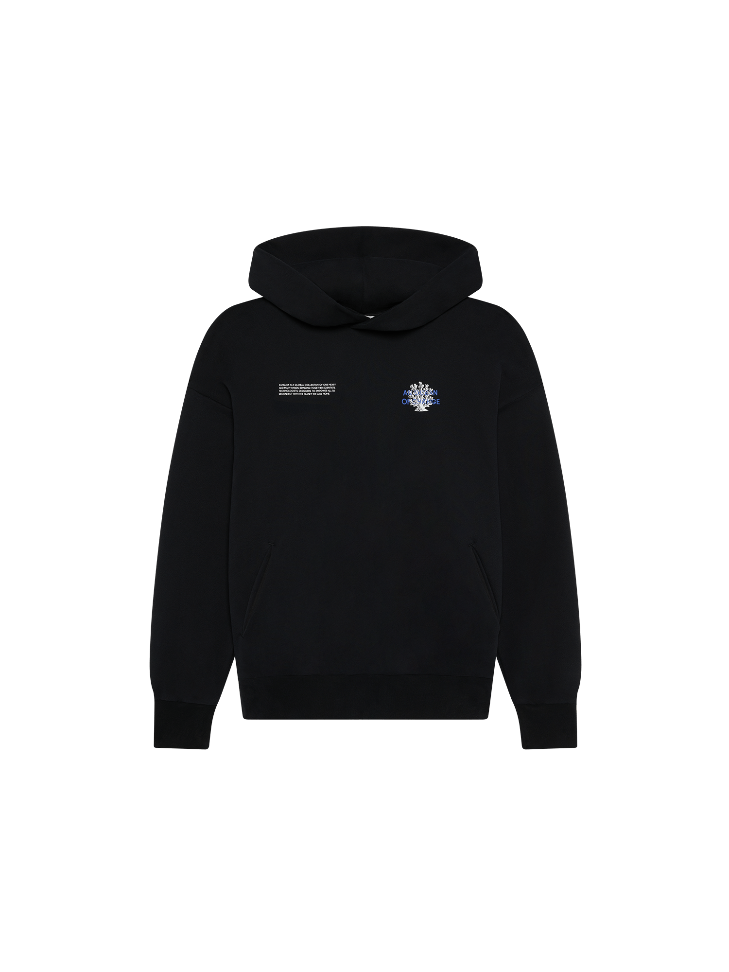 Womens Coral Gardeners Midweight Hoodie, black, packshot. Front view with white text print and blue/white coral graphic.