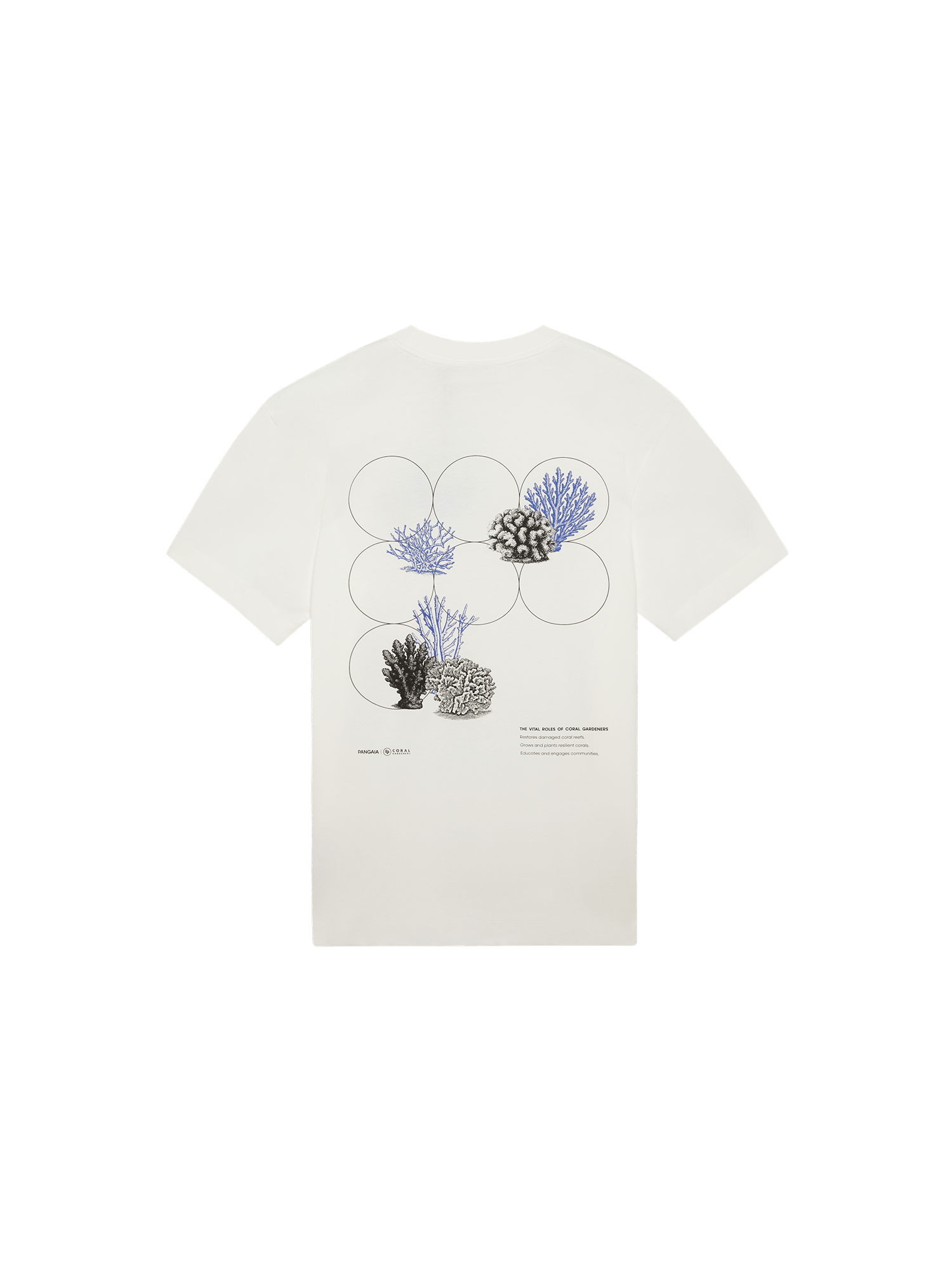Mens Off-White Midweight T-Shirt packshot Coral Gardeners back graphic print shows blue and black detailed coral art