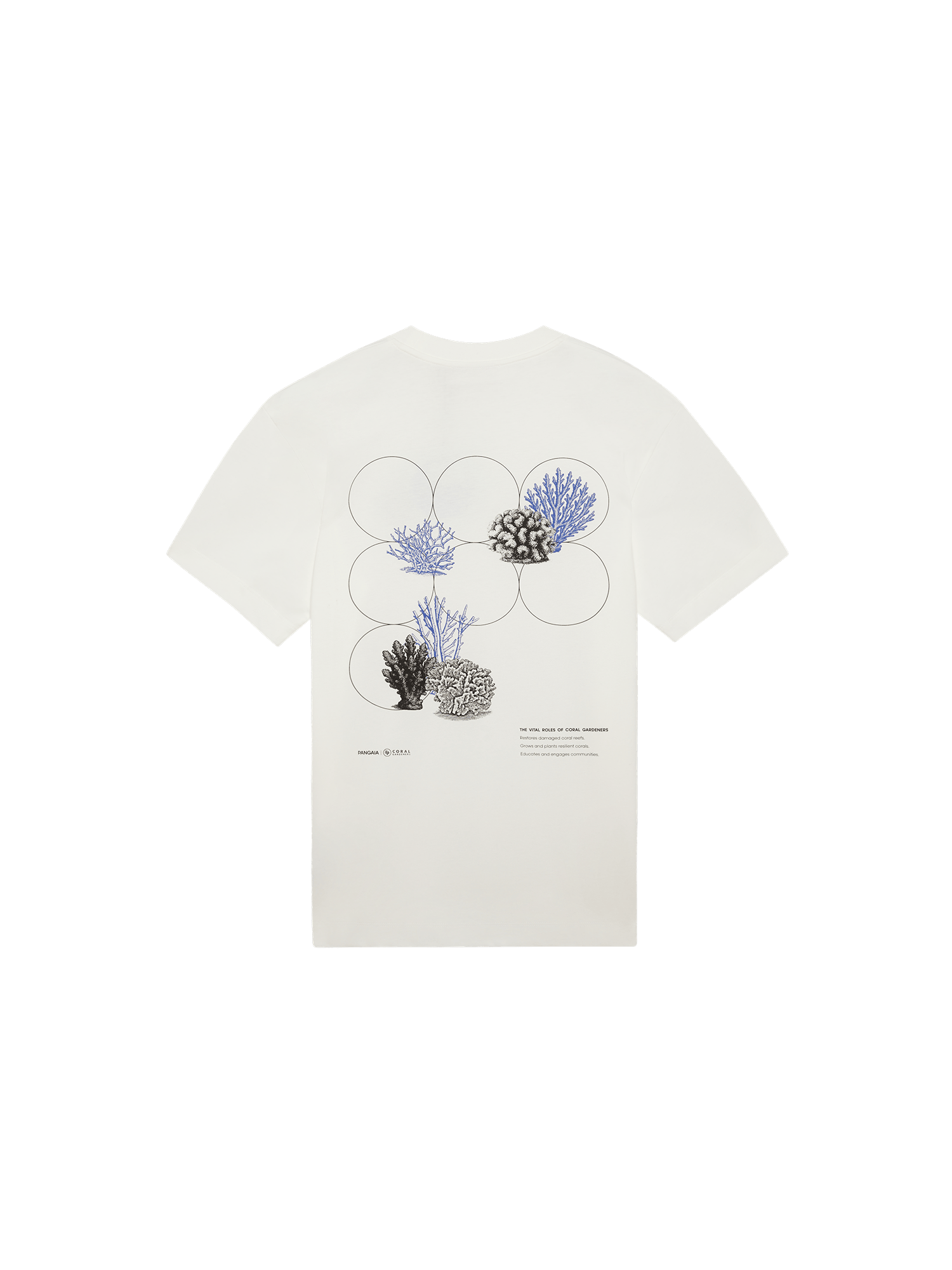 Mens Off-White Midweight T-Shirt packshot Coral Gardeners back graphic print shows blue and black detailed coral art