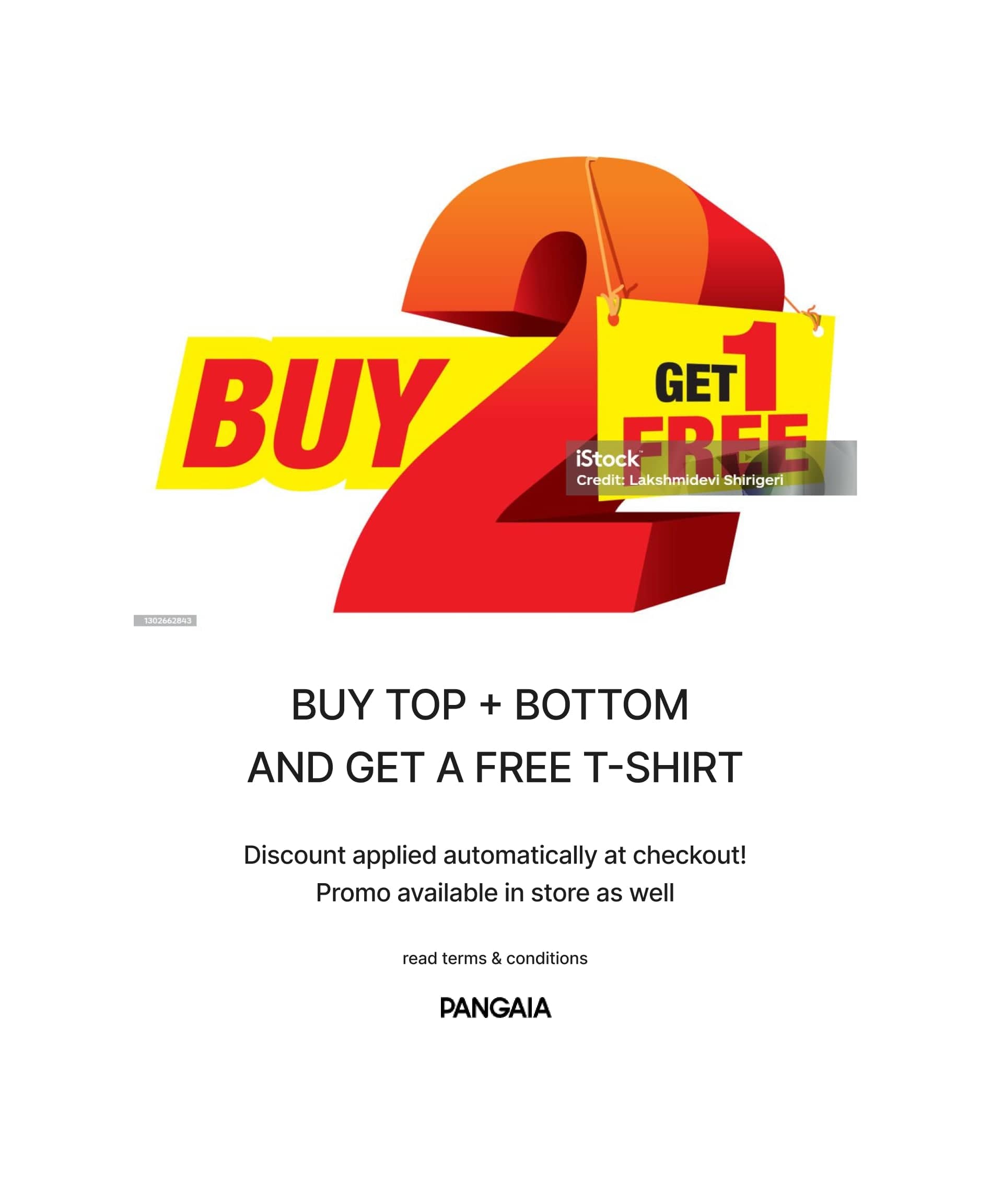 Buy 2 Get 1 Free T-shirt offer graphic by Pangaia. Red, orange, yellow promo image for top, bottom, free T-shirt apparel deal