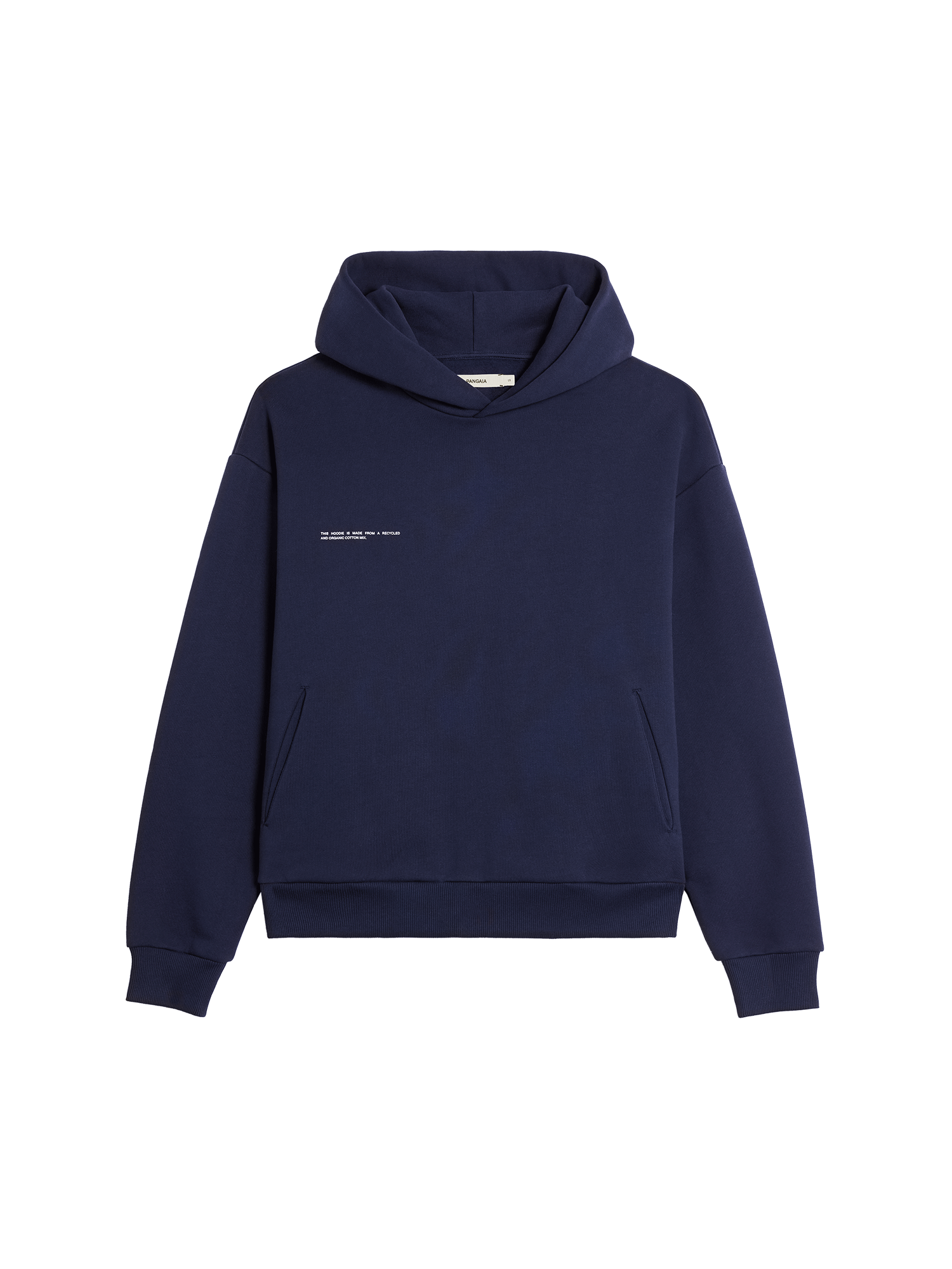 Navy blue organic cotton mix hoodie packshot. Relaxed fit pullover sweatshirt with hood, side pockets, ribbed cuffs and hem.