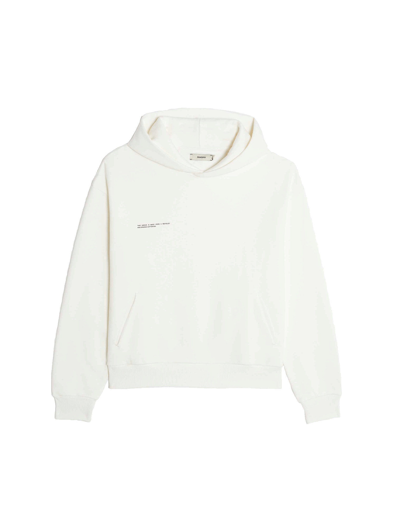 Pangaia ecru recycled organic cotton hoodie packshot. Relaxed fit, long sleeve sweatshirt with kangaroo pocket, ribbed cuffs and hem