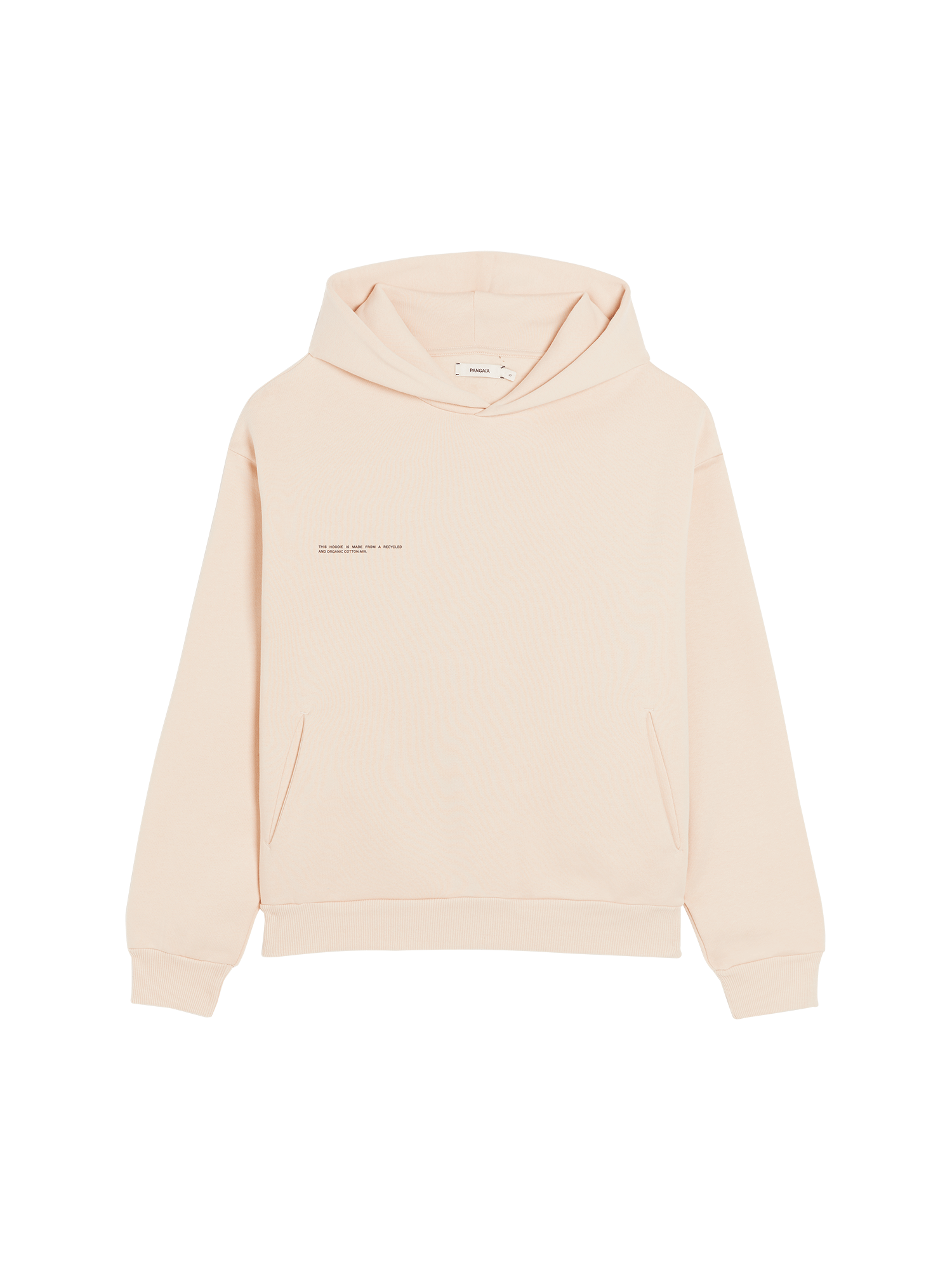 Pangaia sand pullover hoodie packshot. Relaxed fit, recycled organic cotton blend, front kangaroo pocket, ribbed cuffs & hem