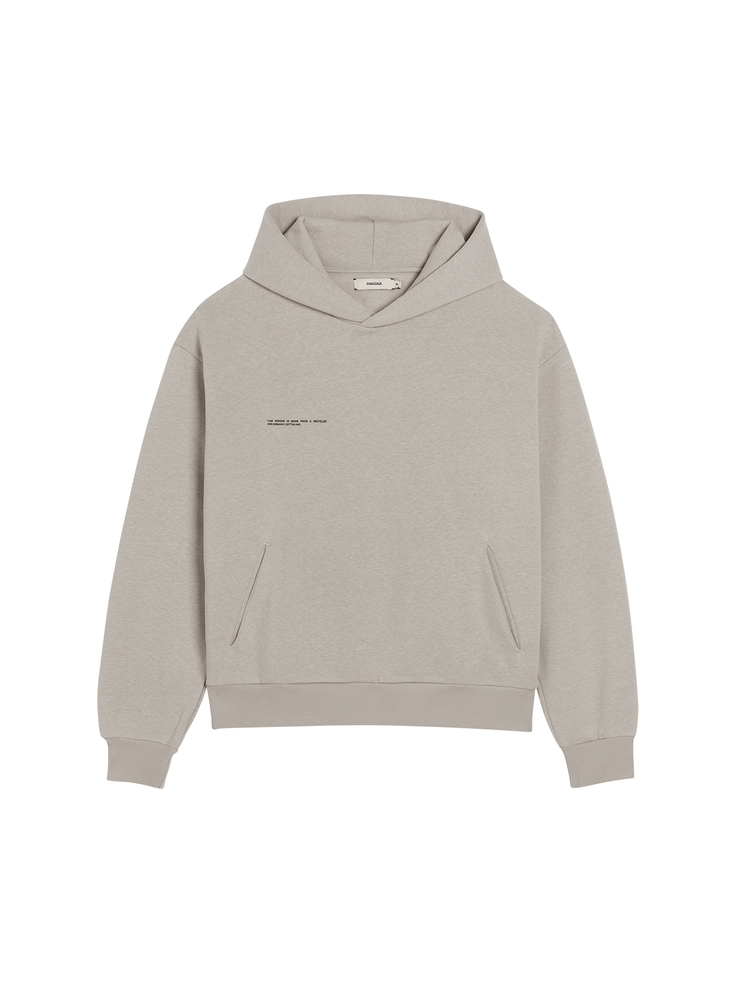 Pangaia greige oversized fleece hoodie packshot, relaxed fit hooded sweatshirt with kangaroo pocket, ribbed cuffs and hem