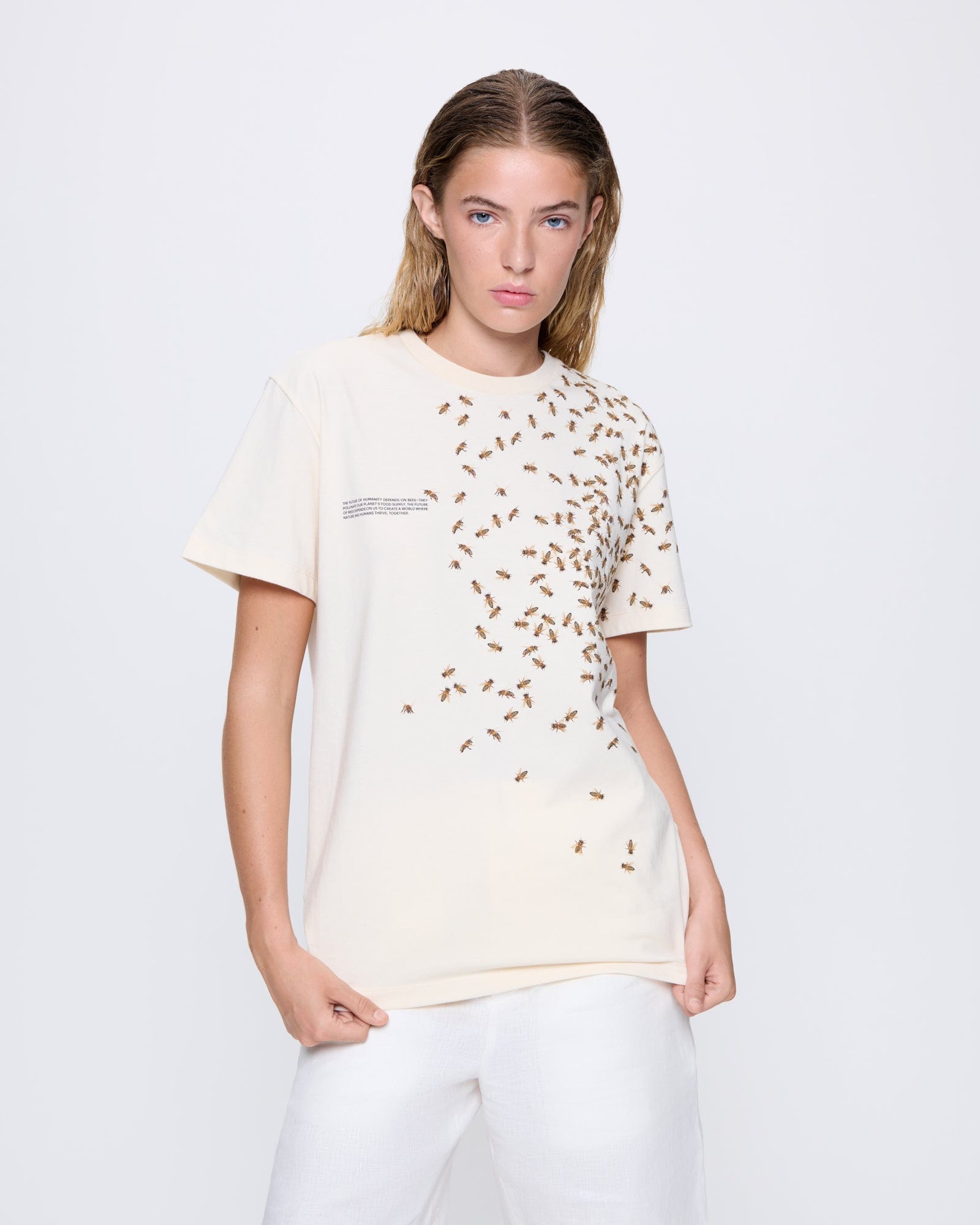 Womens undyed organic cotton Bee:Wild t-shirt. Cream, oversized boxy fit with scattered bee print