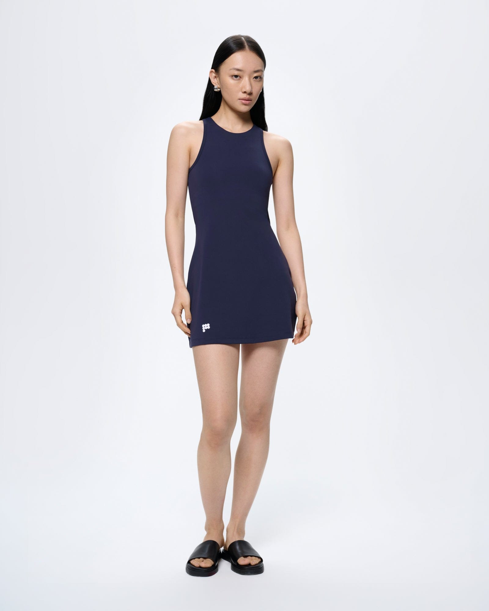 Womens Court Side Dress in Granite Navy, a sleeveless high-neck active mini dress with an ultra-close fit