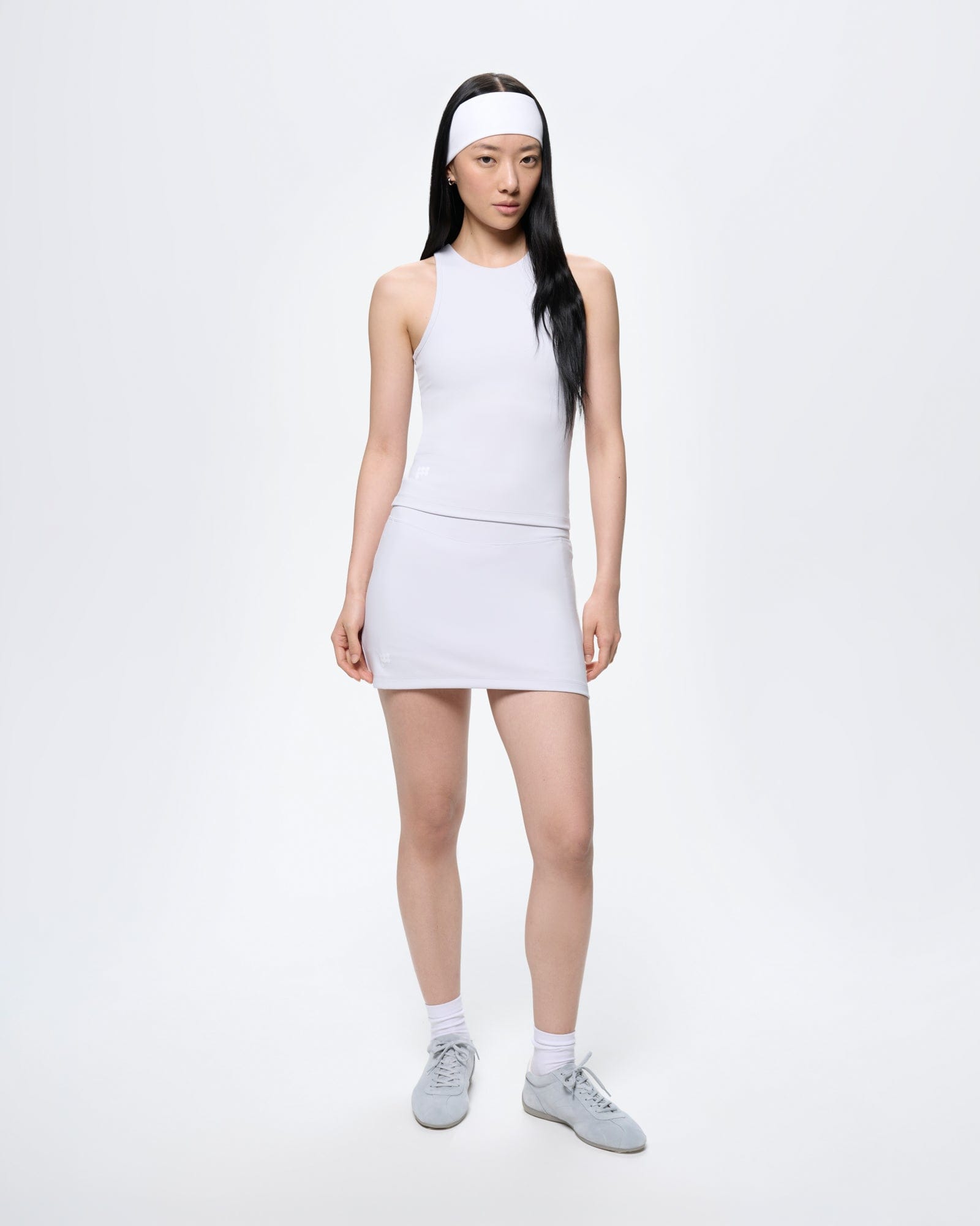 Womens Court Side Tank Top, Ice Grey, ultra-close fit, buttery-soft nylon-elastane high-neck athletic top on model