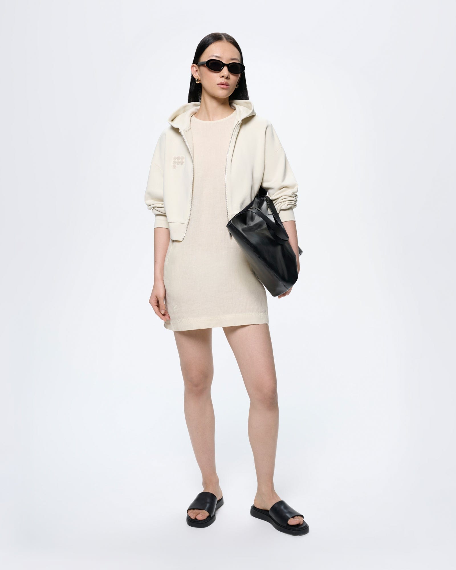 Womens Cropped Zip Up Hoodie—Bone White