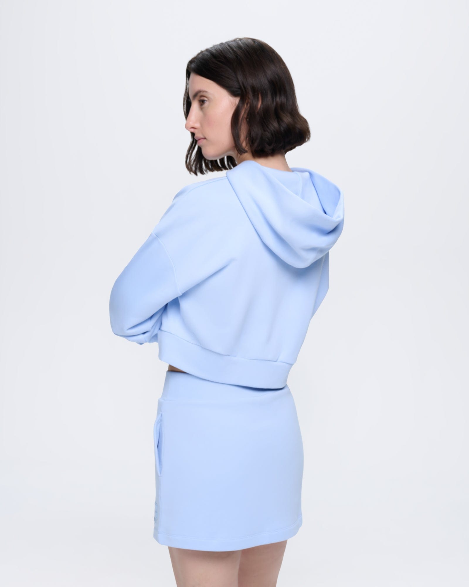 Womens Cropped Zip Up Hoodie in Wildflower Blue. Organic cotton, oversized fit, soft texture, ribbed hem & cuffs