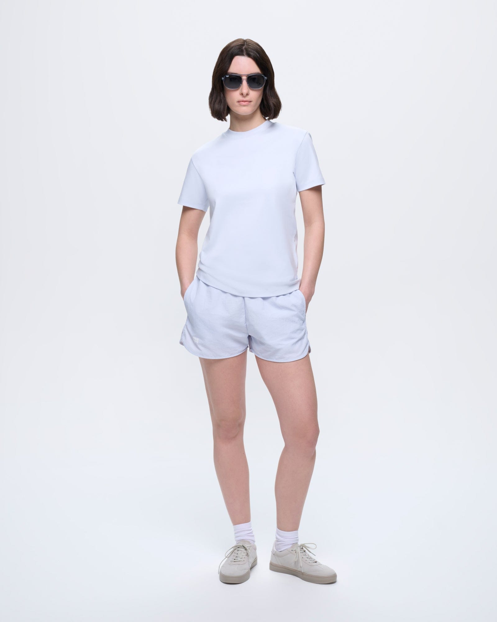 Womens Interlock T-Shirt, Ice Grey organic cotton, regular fit, crew neck, structured silhouette worn by female model