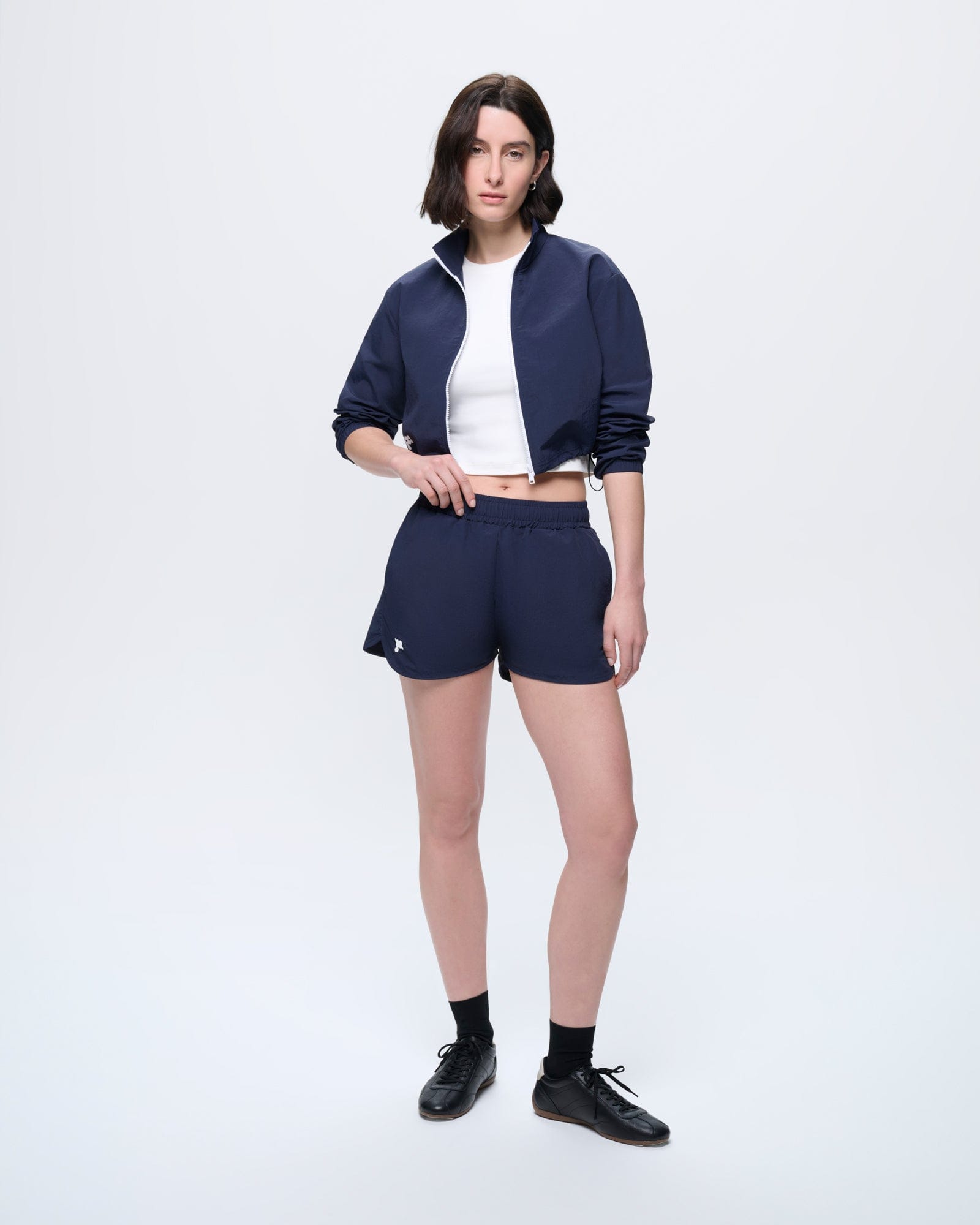 Womens Recycled Nylon Zip Up Jacket, Granite Navy, cropped, regular fit, lightweight recycled polyamide, white zipper