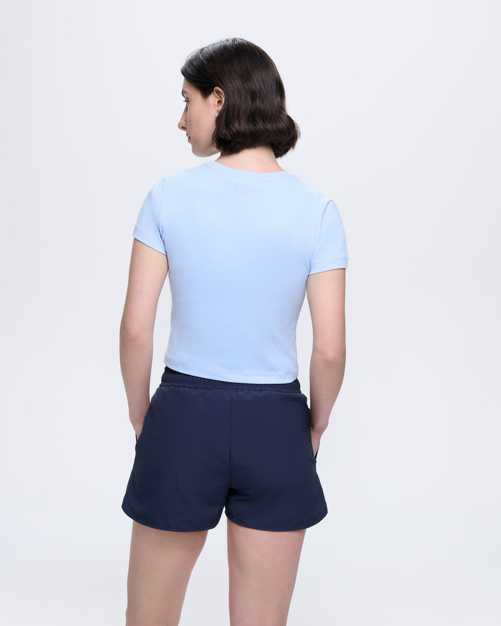 Womens Cropped T-Shirt Wildflower Blue, organic cotton, slim fit, crew neck, short sleeve, model back view