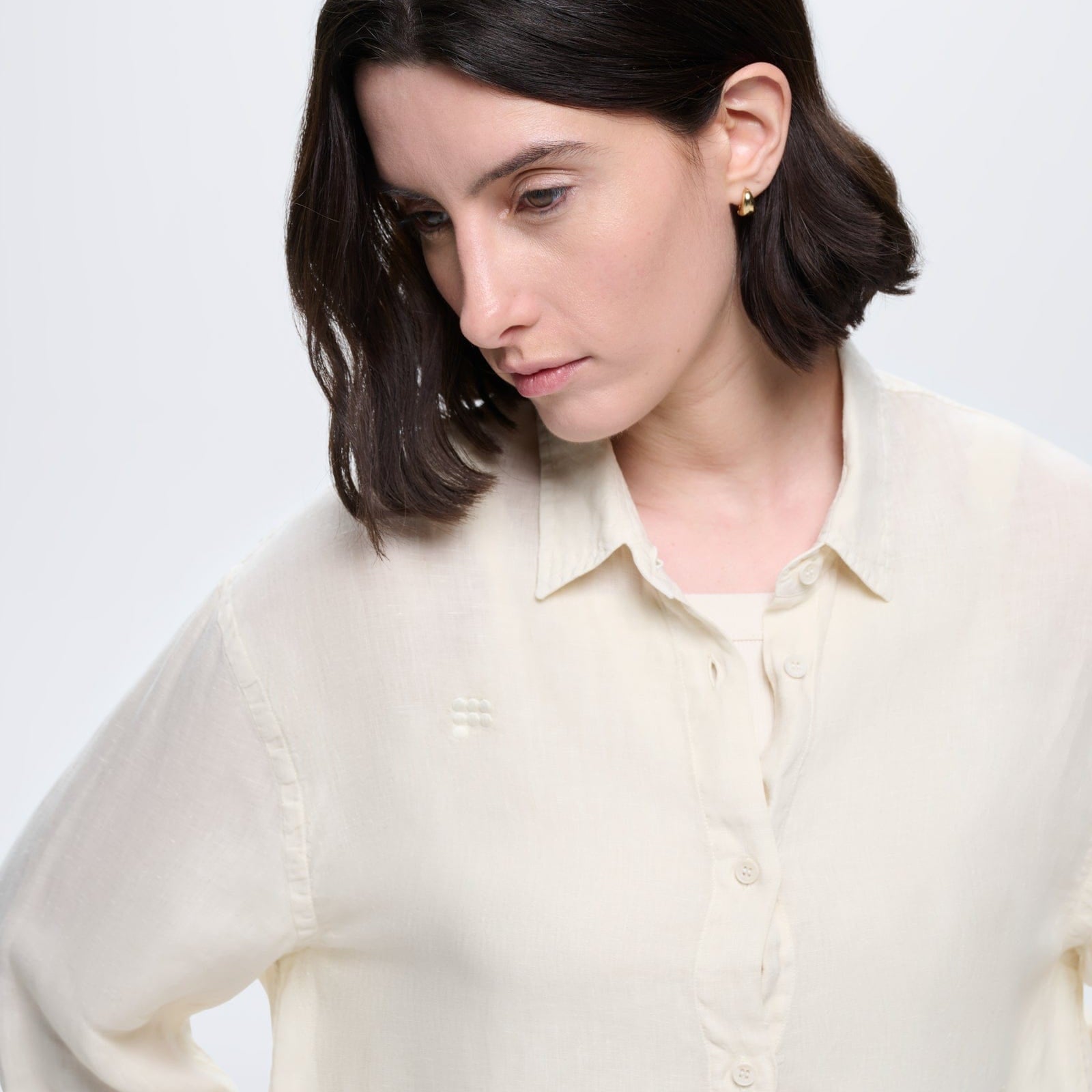Womens Bone White European Flax linen relaxed fit overshirt with long sleeves and collar
