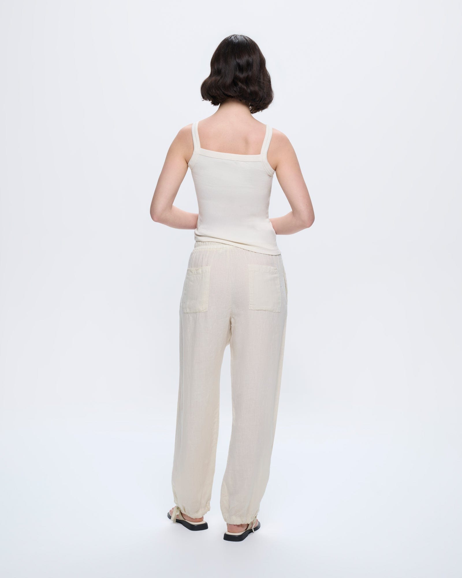 Womens Bone White relaxed fit European Flax linen trousers, drawstring waist, back pockets, ultra-soft, summer