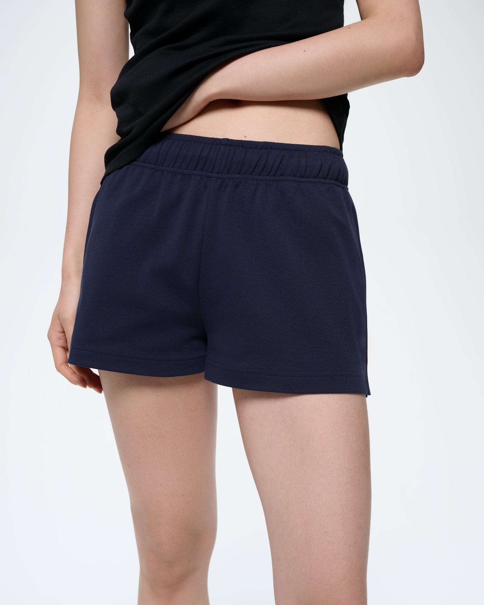 Womens Midnight Navy organic cotton shorts, regular fit. Features an elasticated drawstring waist and side pockets