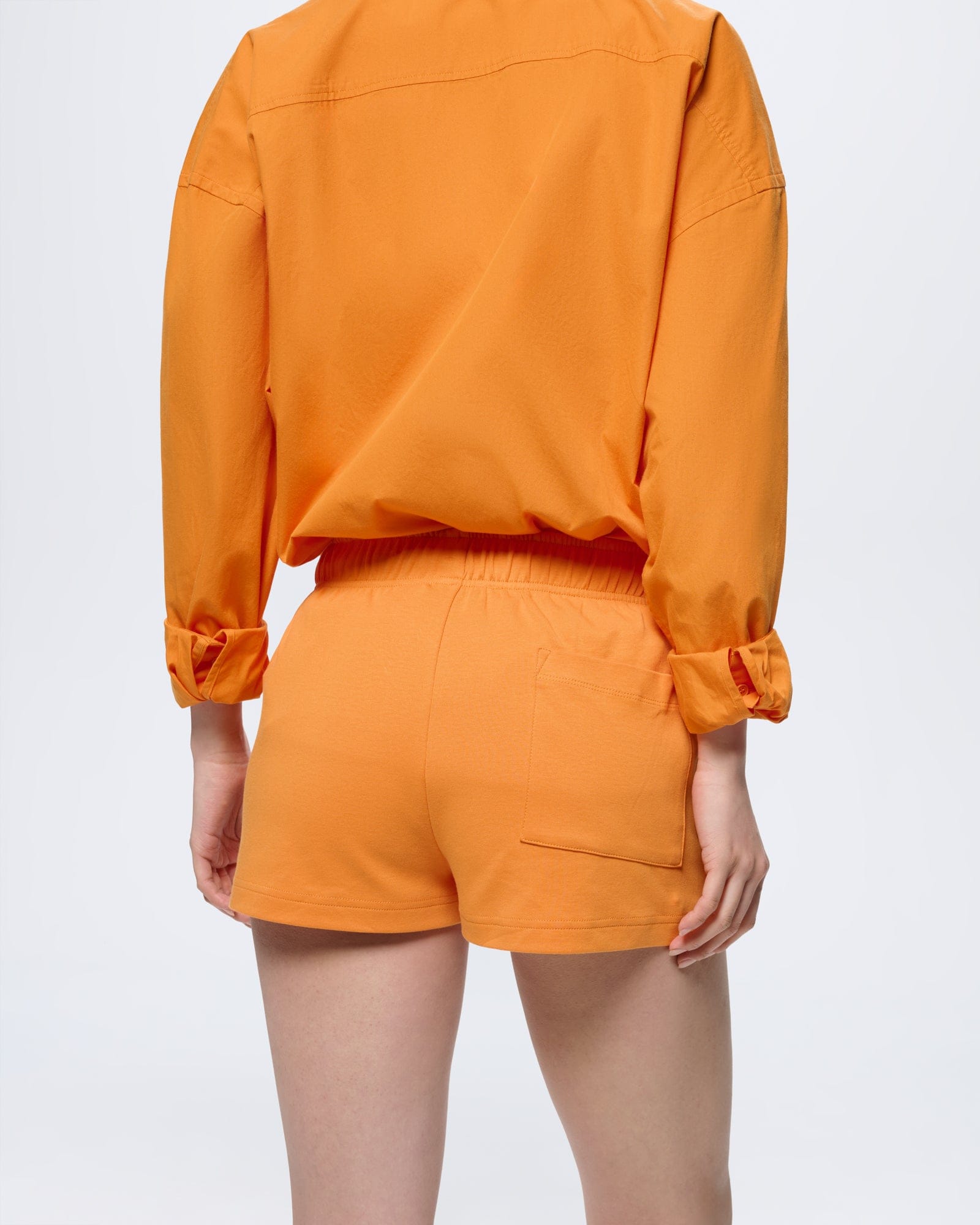 Womens Saffron Orange 100% organic cotton shorts, regular fit, elasticated drawstring waist, back patch pocket