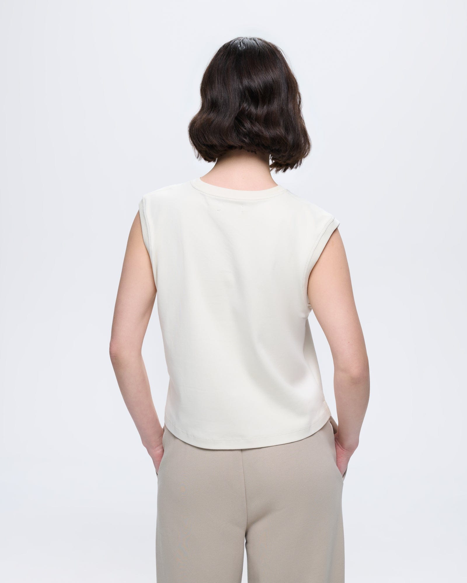 Womens Sleeveless T-Shirt Bone White organic cotton, relaxed fit, ultra-soft, worn by model from back