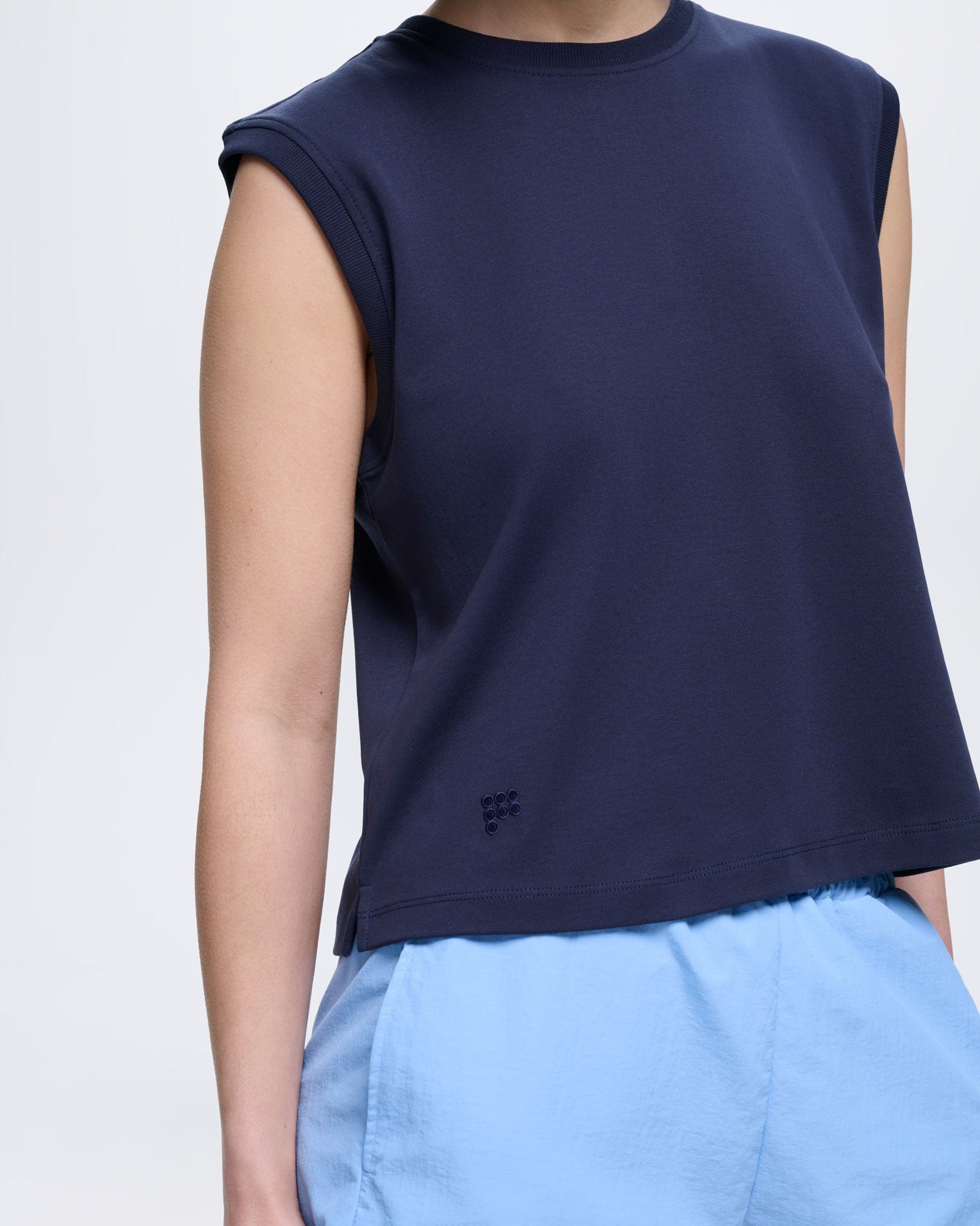 Womens Midnight Navy sleeveless t-shirt, relaxed fit, 100% organic cotton, crew neck, tonal 7 circle P logo