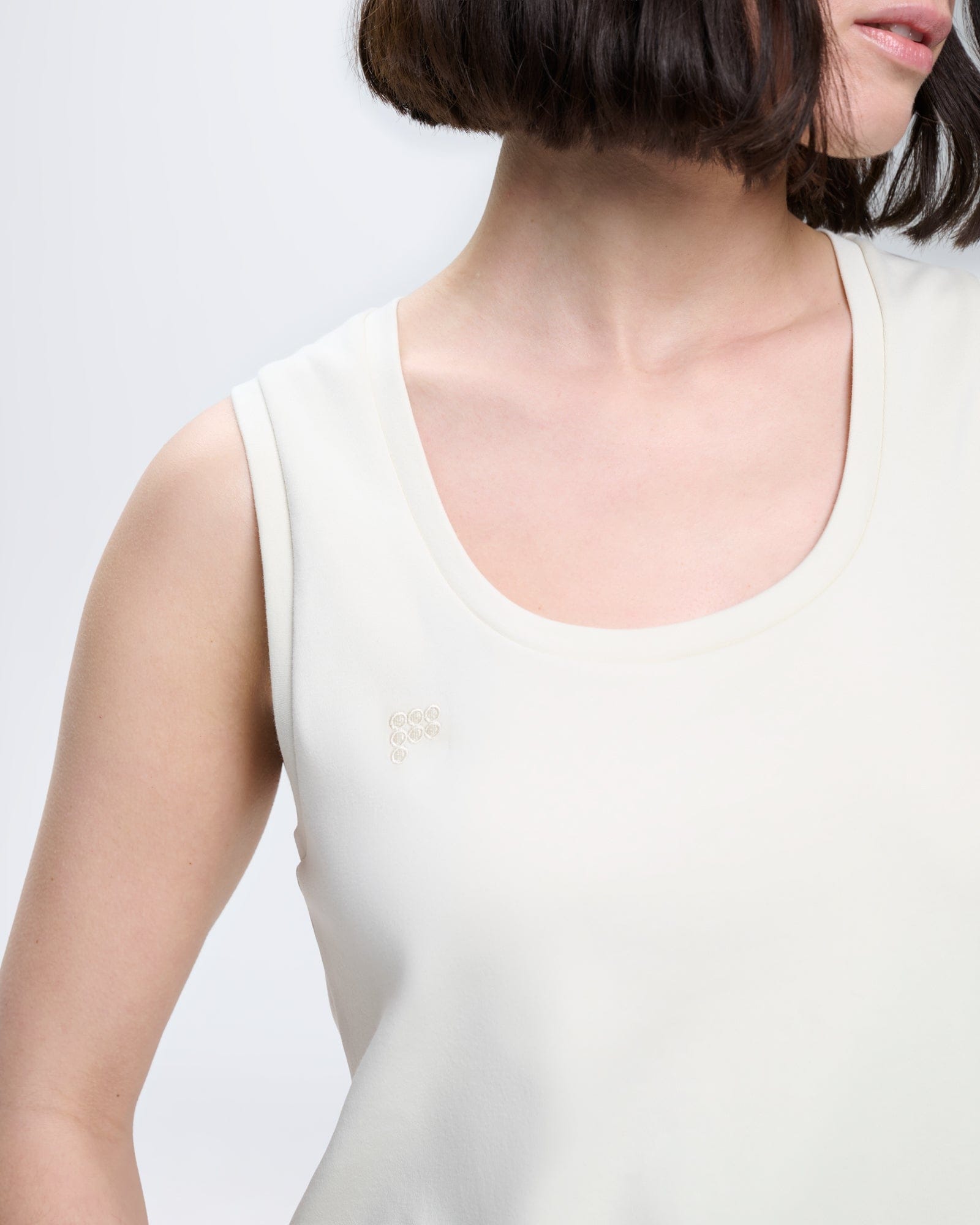 Womens Bone White organic cotton tank top, relaxed fit, scoop neck, tonal 7 circle P logo