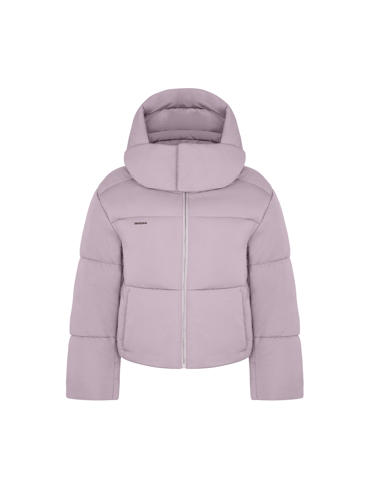 Pangaia Archive Women's raisin purple recycled nylon cropped puffer jacket, FLWRDWN™ filled. Packshot
