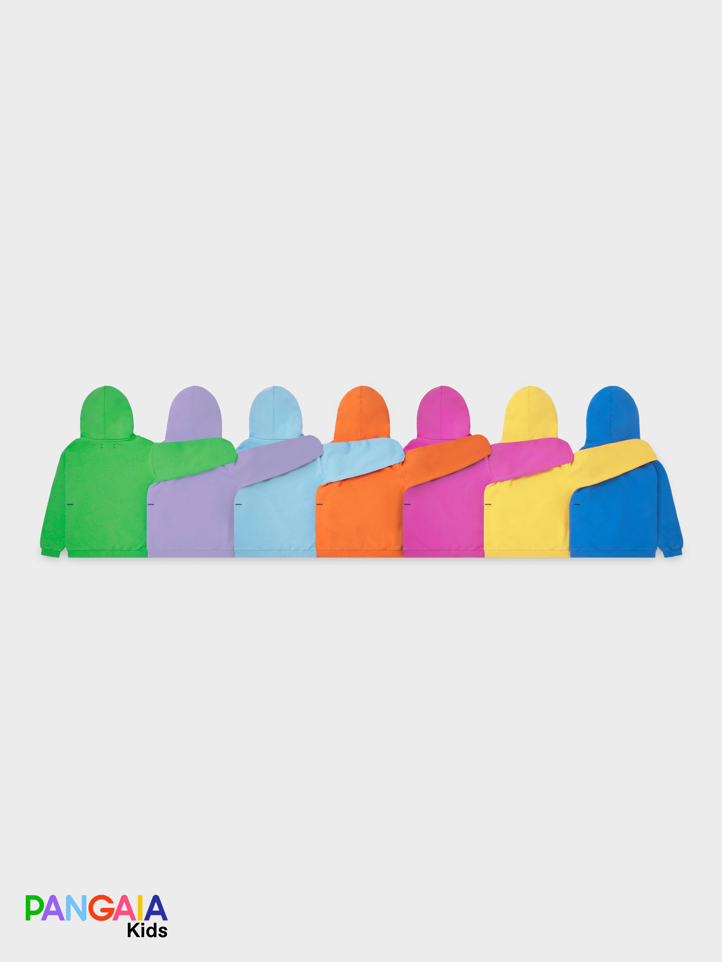 Kids' organic cotton fleece hoodies packshot in vibrant green, lavender, light blue, orange, fuchsia, yellow, royal blue