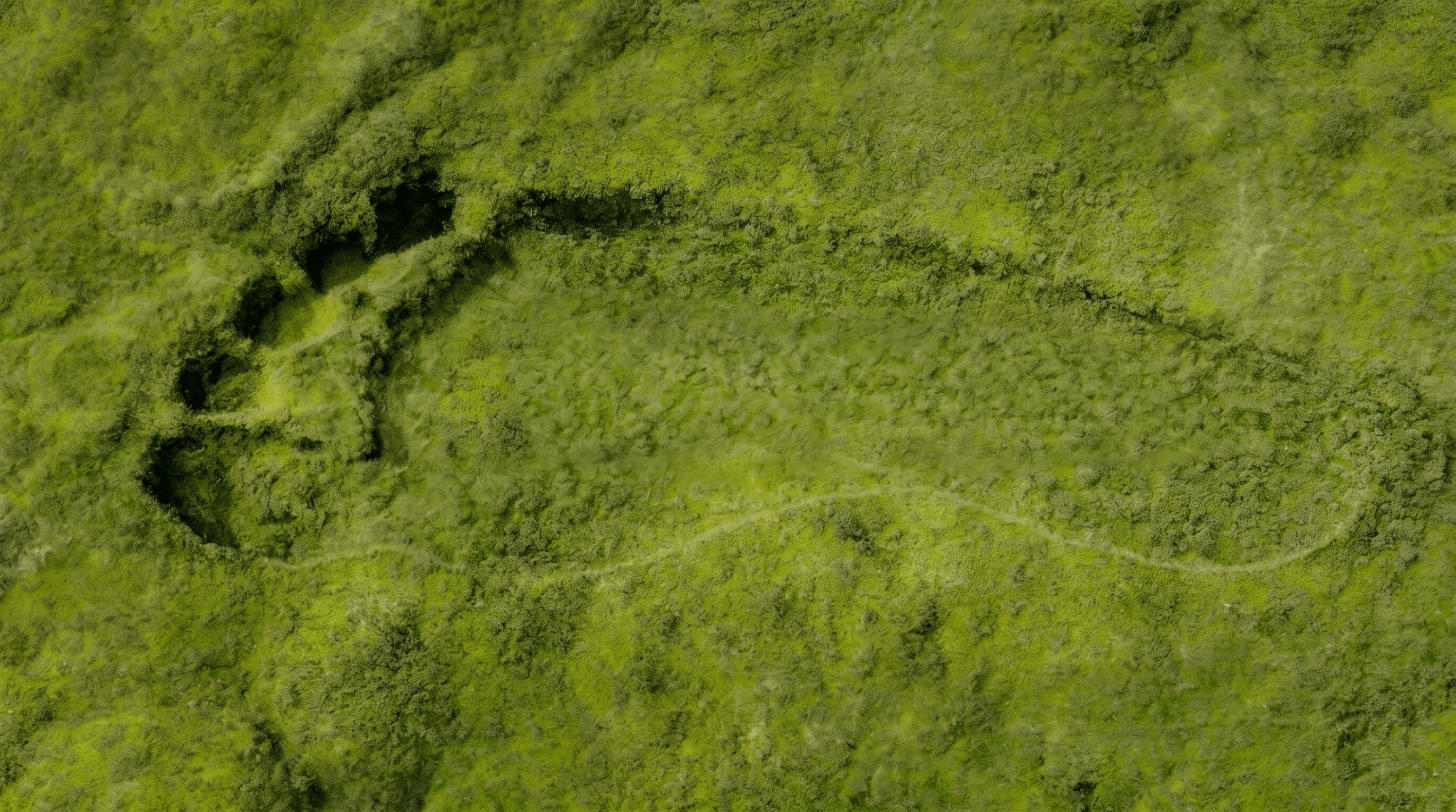 Deep olive green soft mossy texture with clear human footprint impression and subtle faint trail
