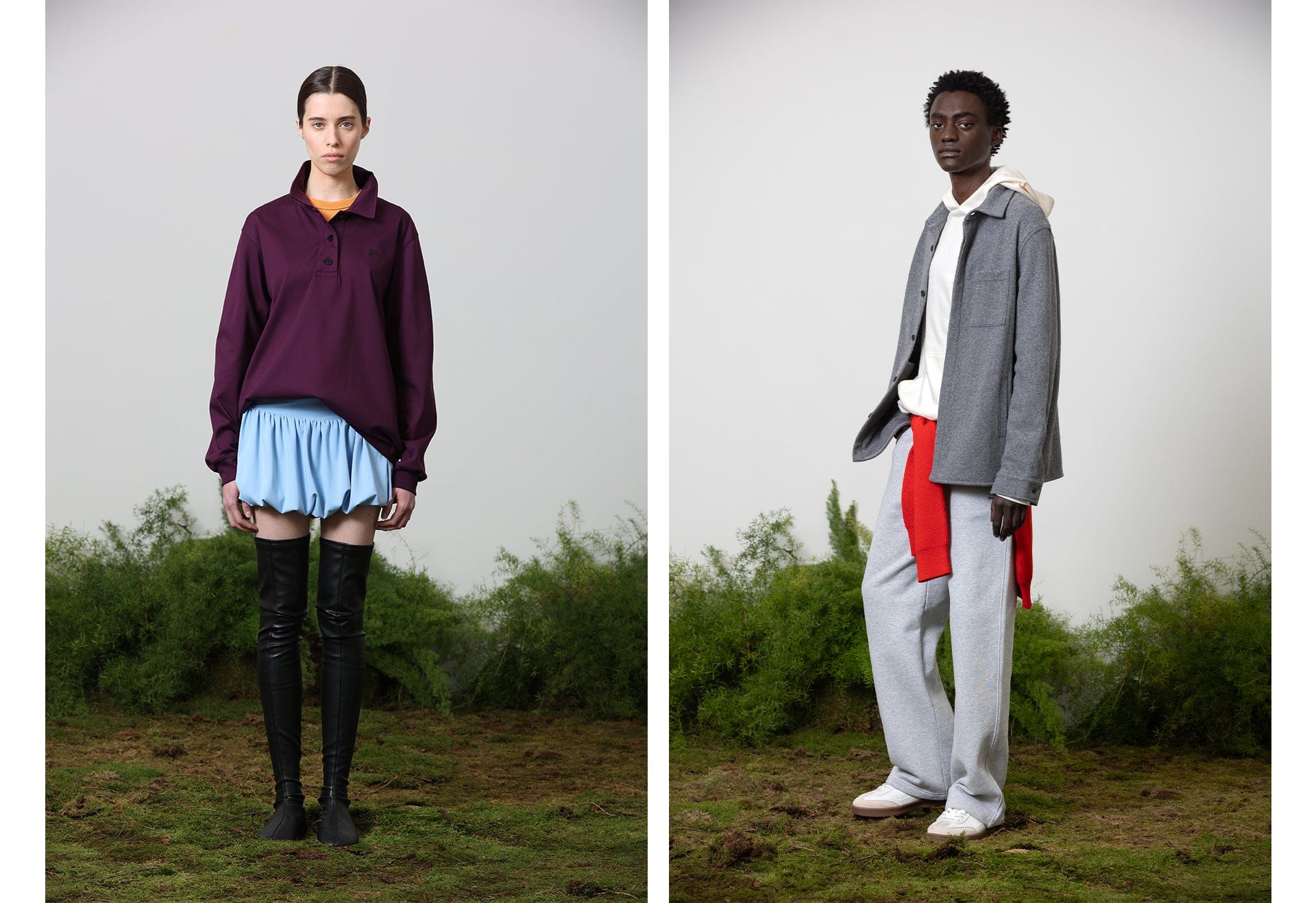 Female: purple rugby shirt, blue mini skirt, black boots. Male: grey overshirt, white hoodie, grey sweatpants, red knit