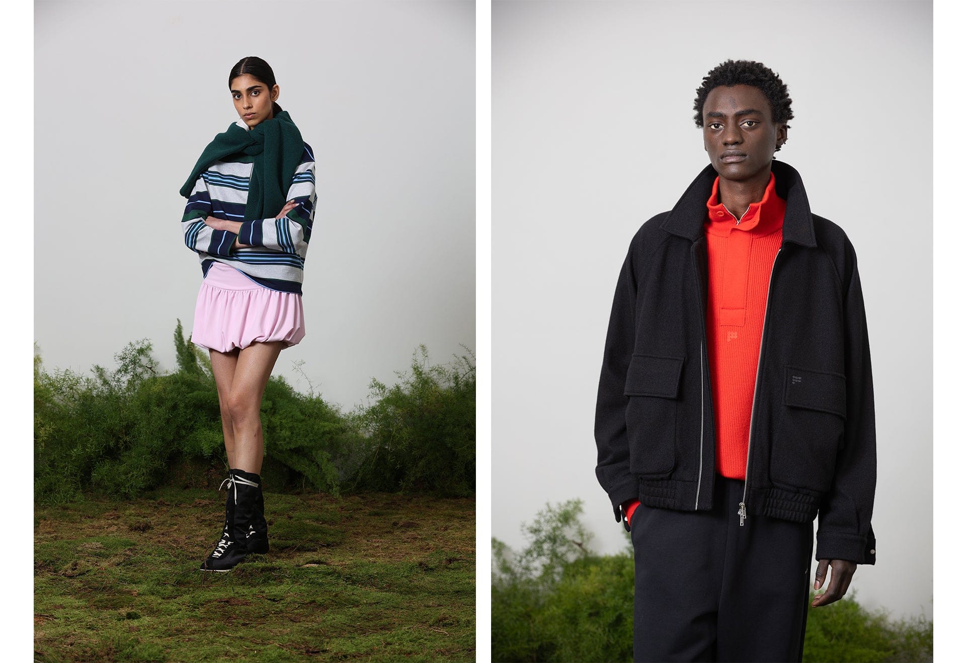 Woman: striped knit rugby shirt, pink mini skirt, dark green scarf. Man: black wool bomber jacket, vibrant orange ribbed polo, black trousers