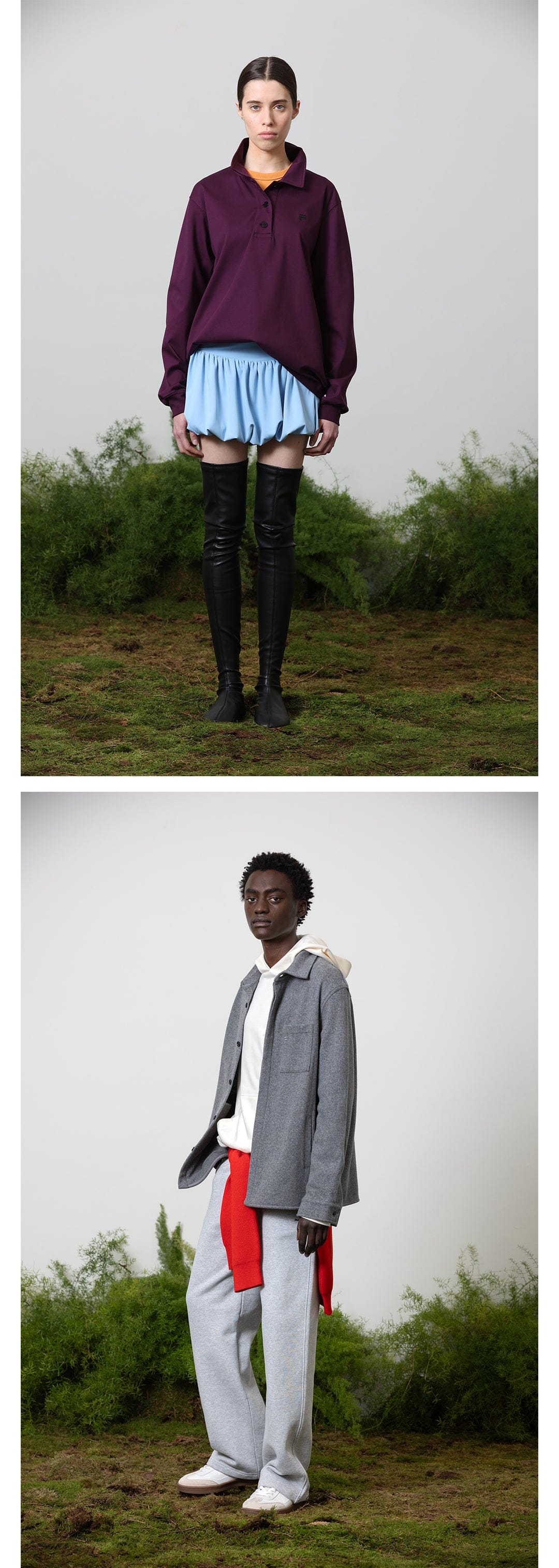 Mulberry oversized cotton polo shirt, blue gathered mini skirt; men's grey felted wool overshirt, wide-leg sweatpants