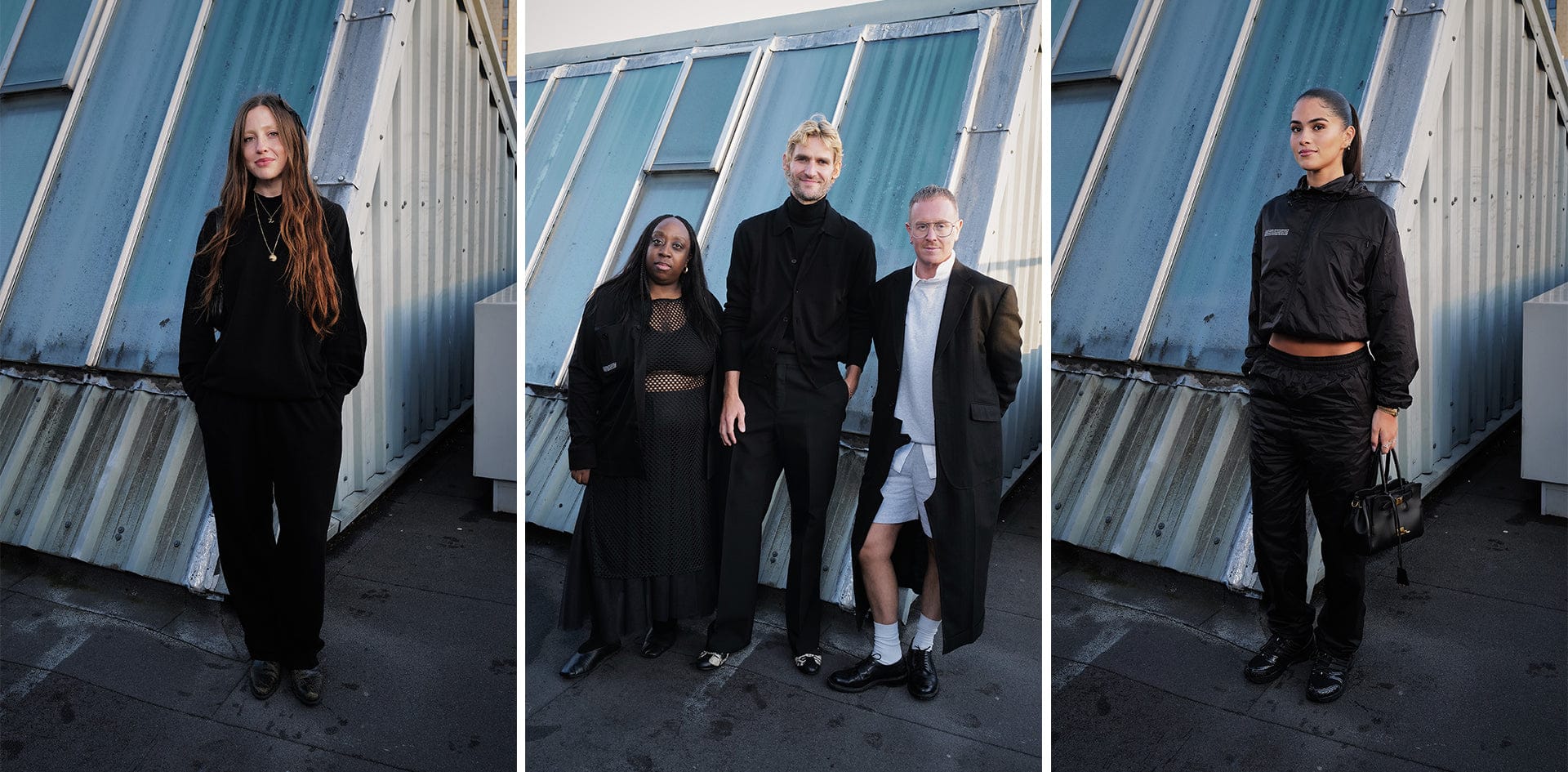Diverse models wearing premium black outfits: oversized hoodie, windbreaker jacket, tailored trousers, and mesh dress