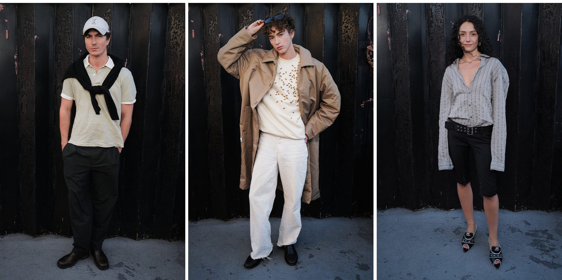 Three models showcase premium casual looks: striped polo, black pants; tan trench coat, cream patterned sweater, wide-leg trousers; grey pinstripe shirt, black shorts