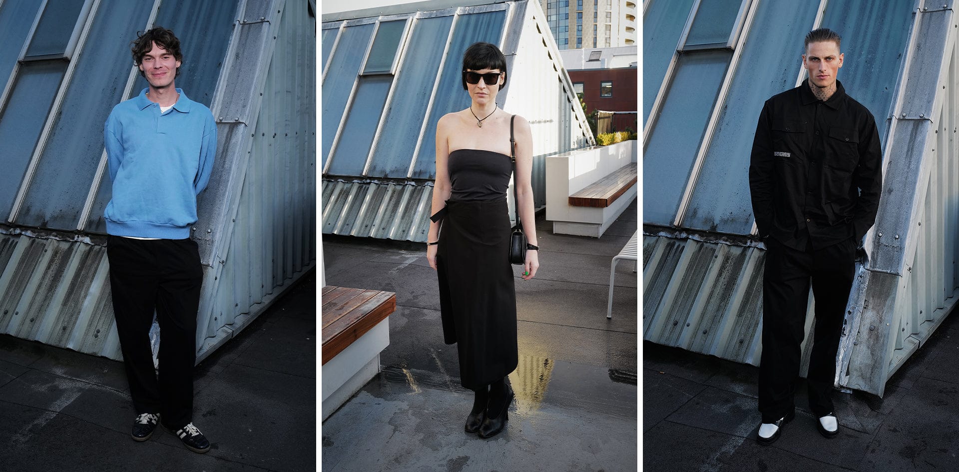 Blue long-sleeve polo sweatshirt, black relaxed trousers. Black strapless bandeau top, black wrap midi skirt. Black utility button-up shirt