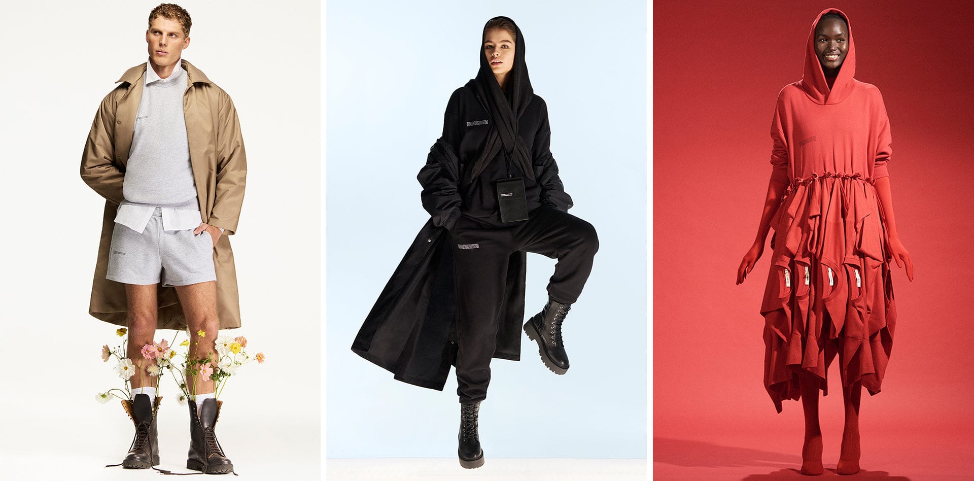 Men's beige trench coat, grey sweatshirt & shorts, women's black oversized hoodie & sweatpants, red oversized hooded dress, premium collection