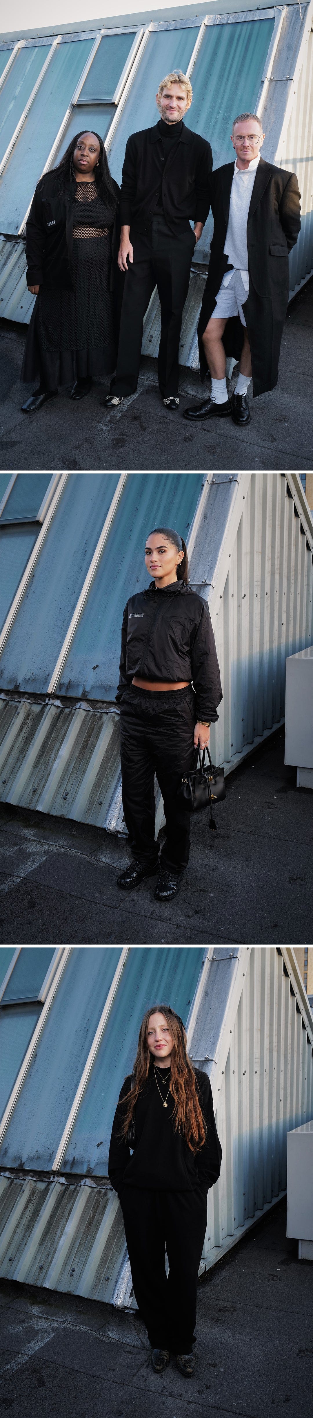 Diverse models in black premium fashion: cropped windbreaker, mesh top, long coat, tailored pants, track pants, flowy skirt