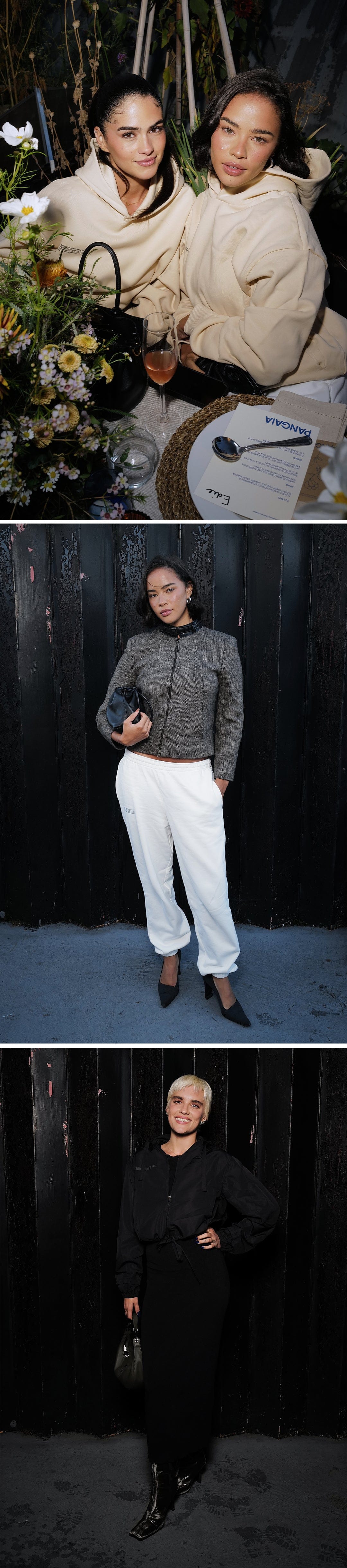 Women's premium fashion: beige fleece hoodies, grey tweed crop jacket, white cuffed joggers, black bomber jacket