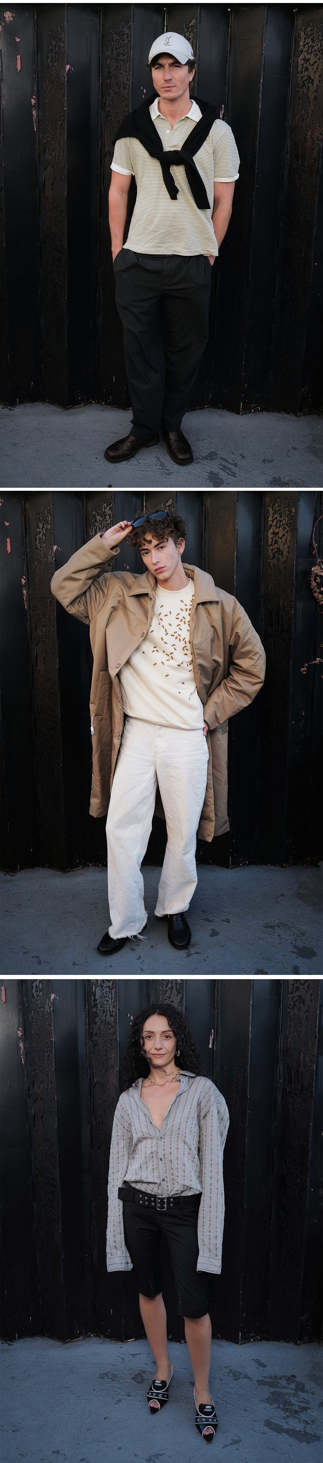 Diverse fashion looks: striped men's polo, black pleated trousers, tan coat, cream embroidered sweatshirt, white wide-leg jeans, grey striped button-up, black tailored shorts