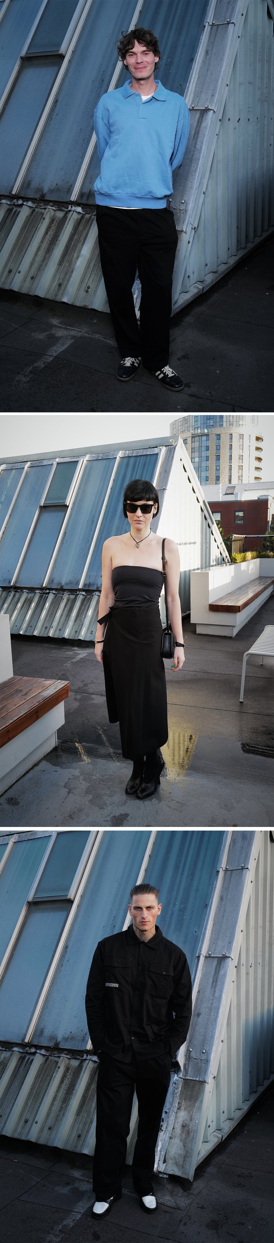 Men's blue long-sleeve polo shirt, black trousers. Women's black strapless top, long skirt. Men's black utility shirt, black pants