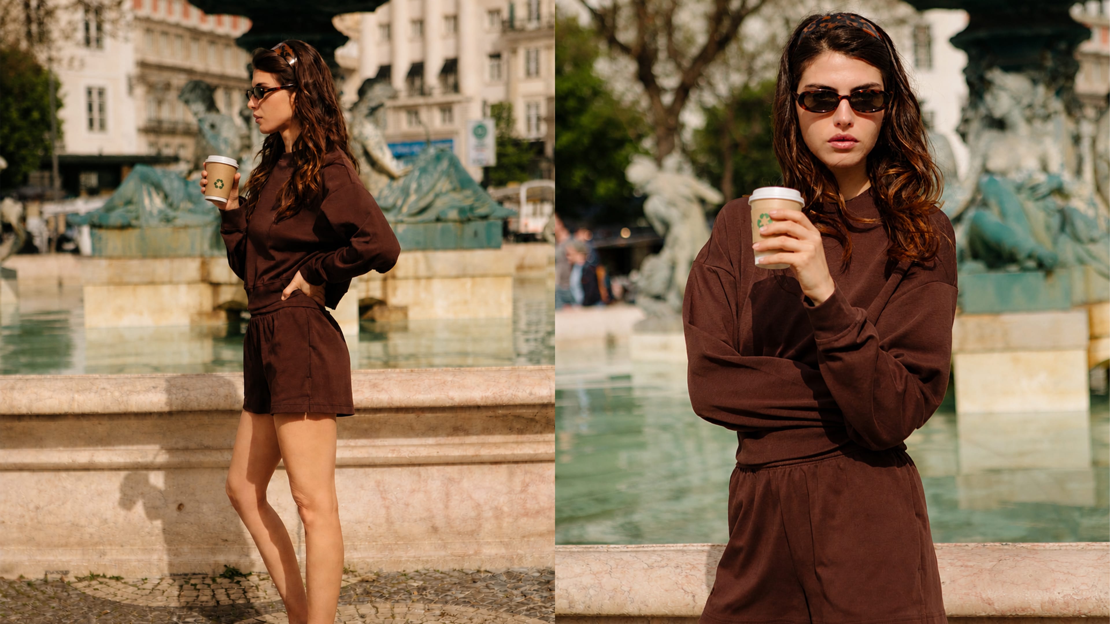 Woman in dark brown cotton long-sleeve crewneck sweatshirt and matching relaxed fit shorts casual set
