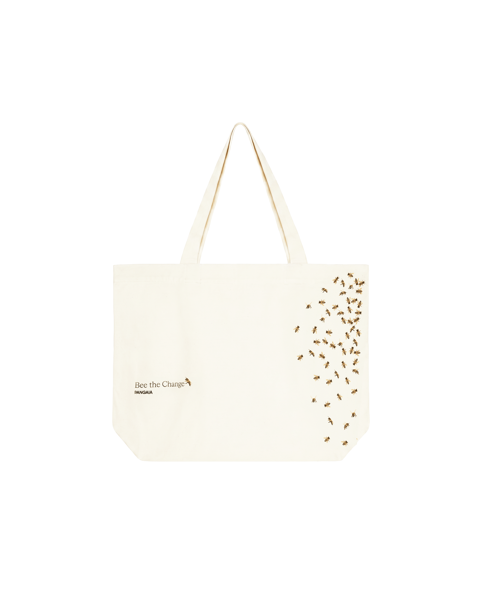 Off-white cotton and hemp blend tote bag packshot with 'Bee the Change PANGAIA' text and exclusive bee print design