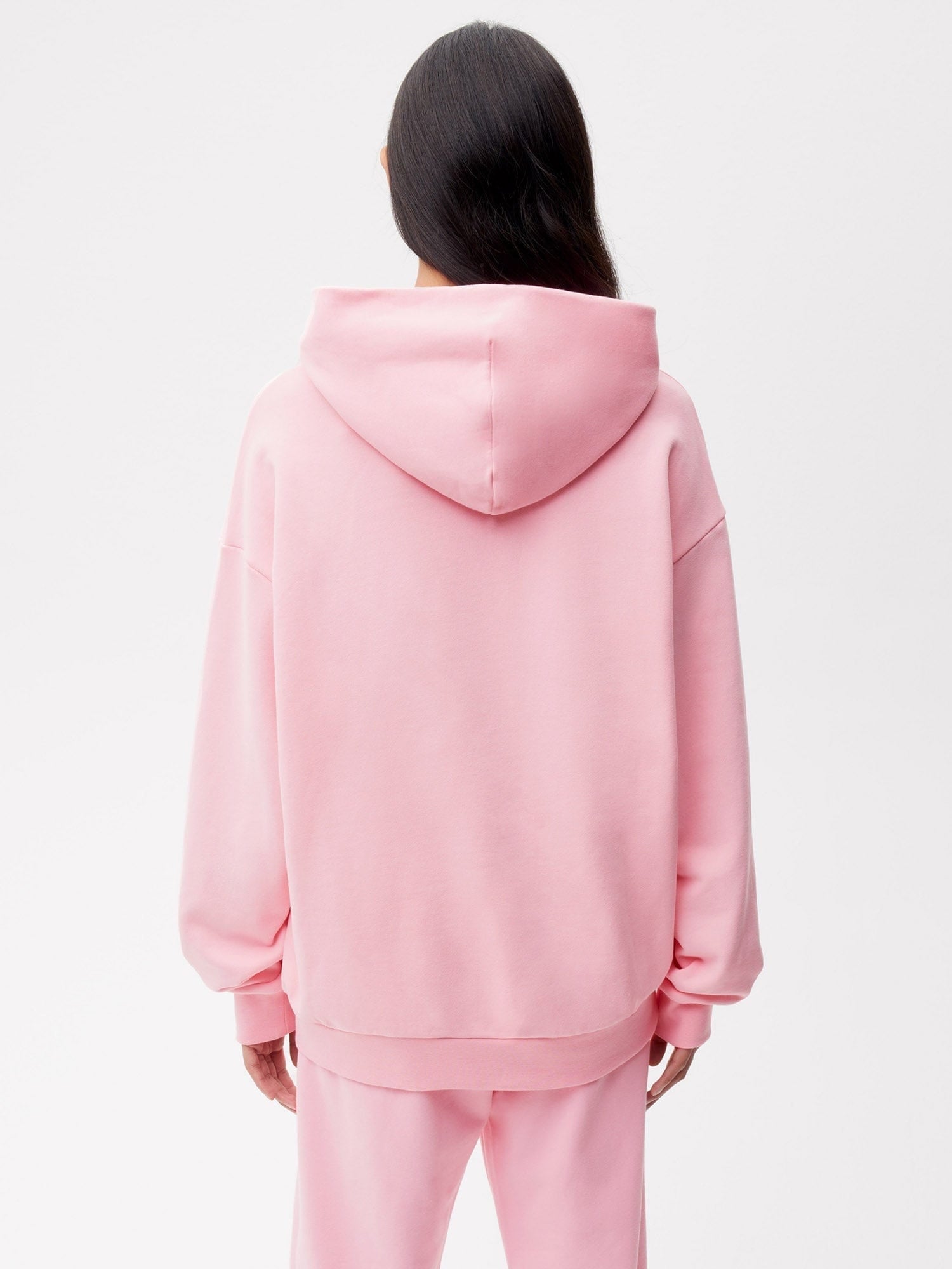 Archive Womens 365 Midweight Hoodie in sakura pink, 320 GSM organic cotton, oversized boxy fit, hooded, back view