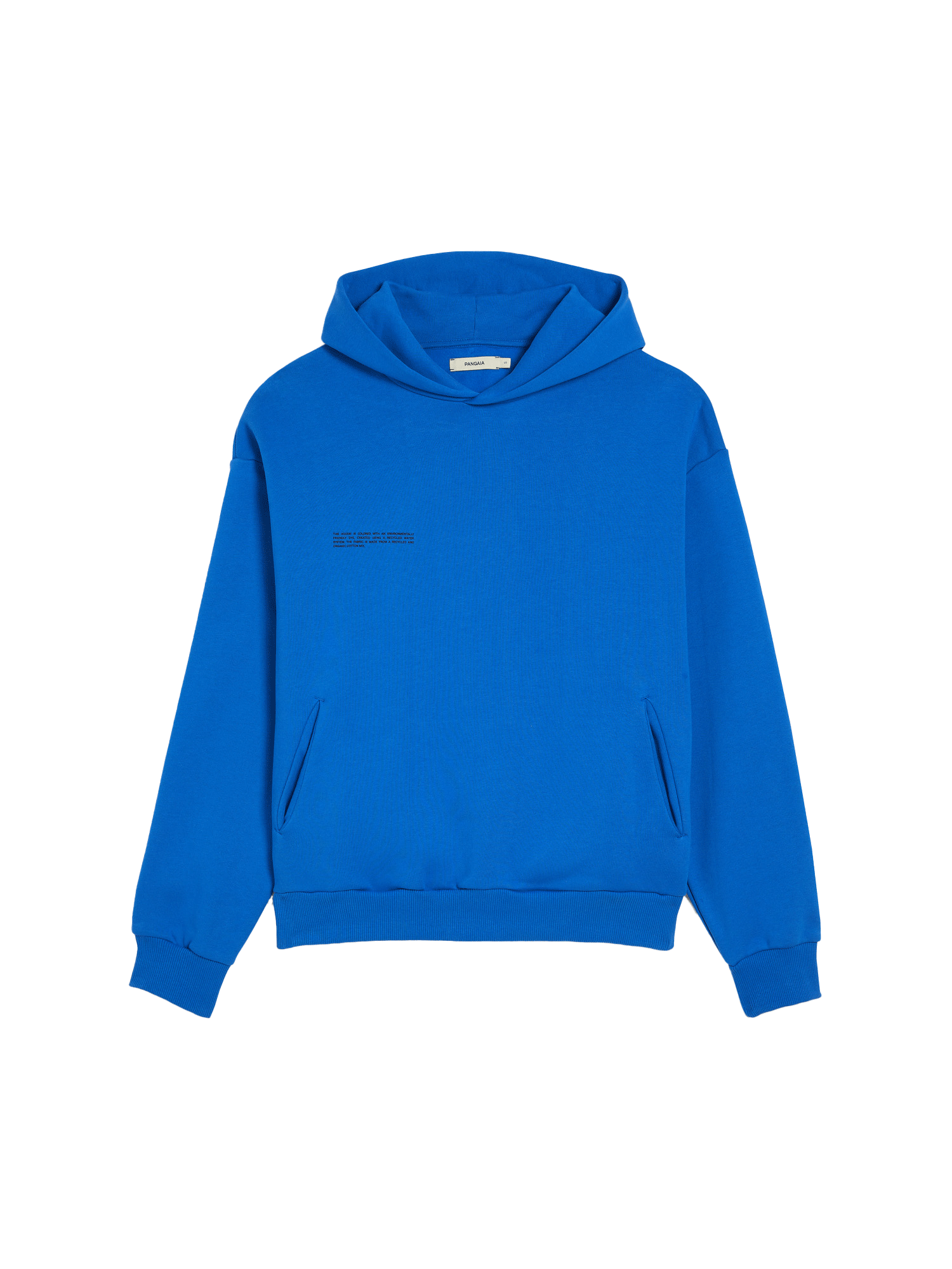 Pangaia Archive 365 Heavyweight genderless hoodie packshot, cobalt blue organic recycled cotton, structured, kangaroo pocket