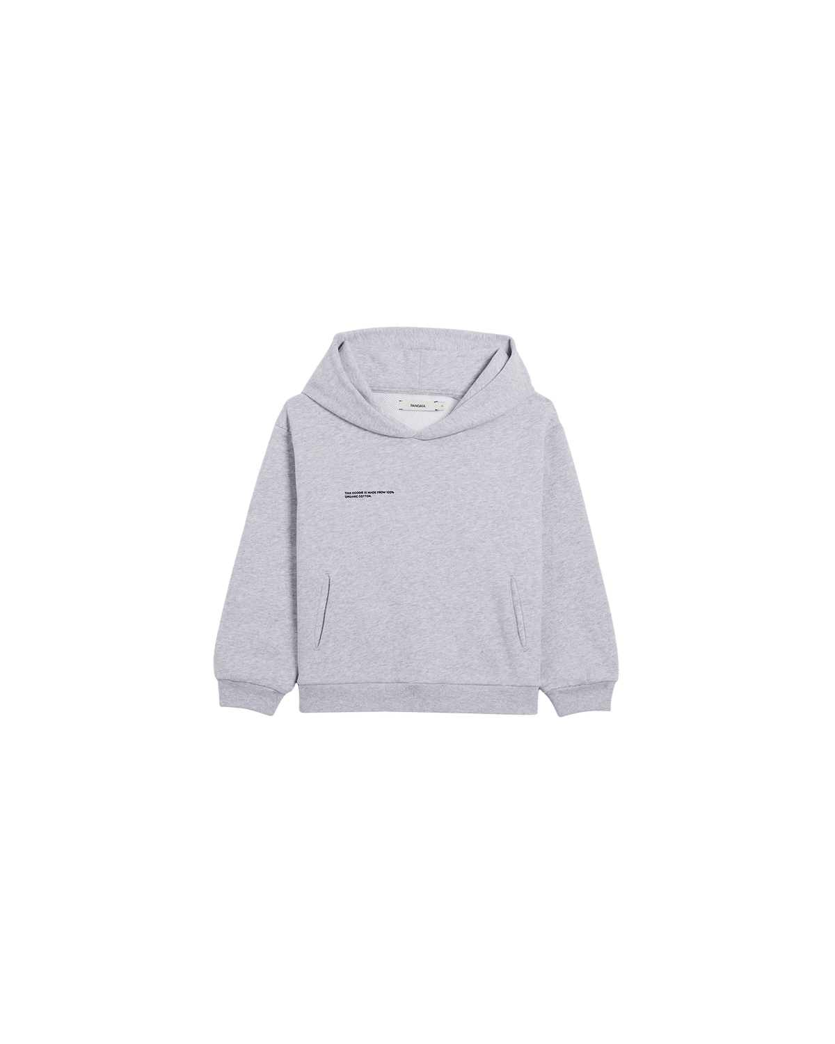 Pangaia Kids' 365 Midweight Hoodie packshot. Grey marl organic cotton hooded sweatshirt with kangaroo pocket, ribbed cuffs & hem