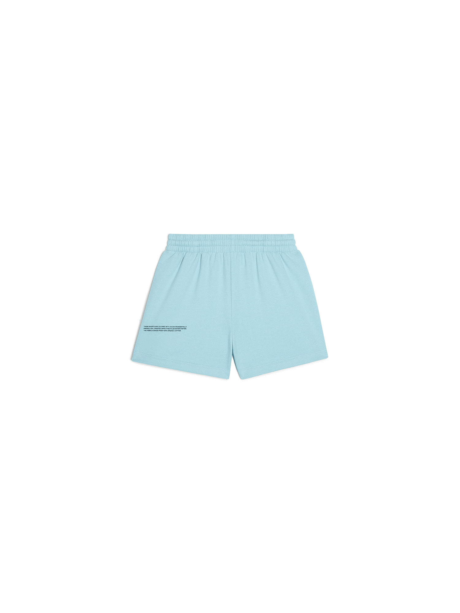 Light blue organic cotton jersey shorts packshot, relaxed fit, elasticated waistband, brand text on left leg