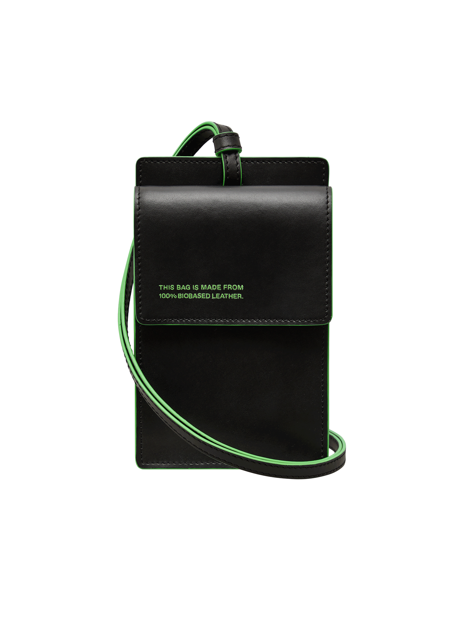 Black biobased leather passport holder cross-body pouch packshot jade green strap trim front printed text