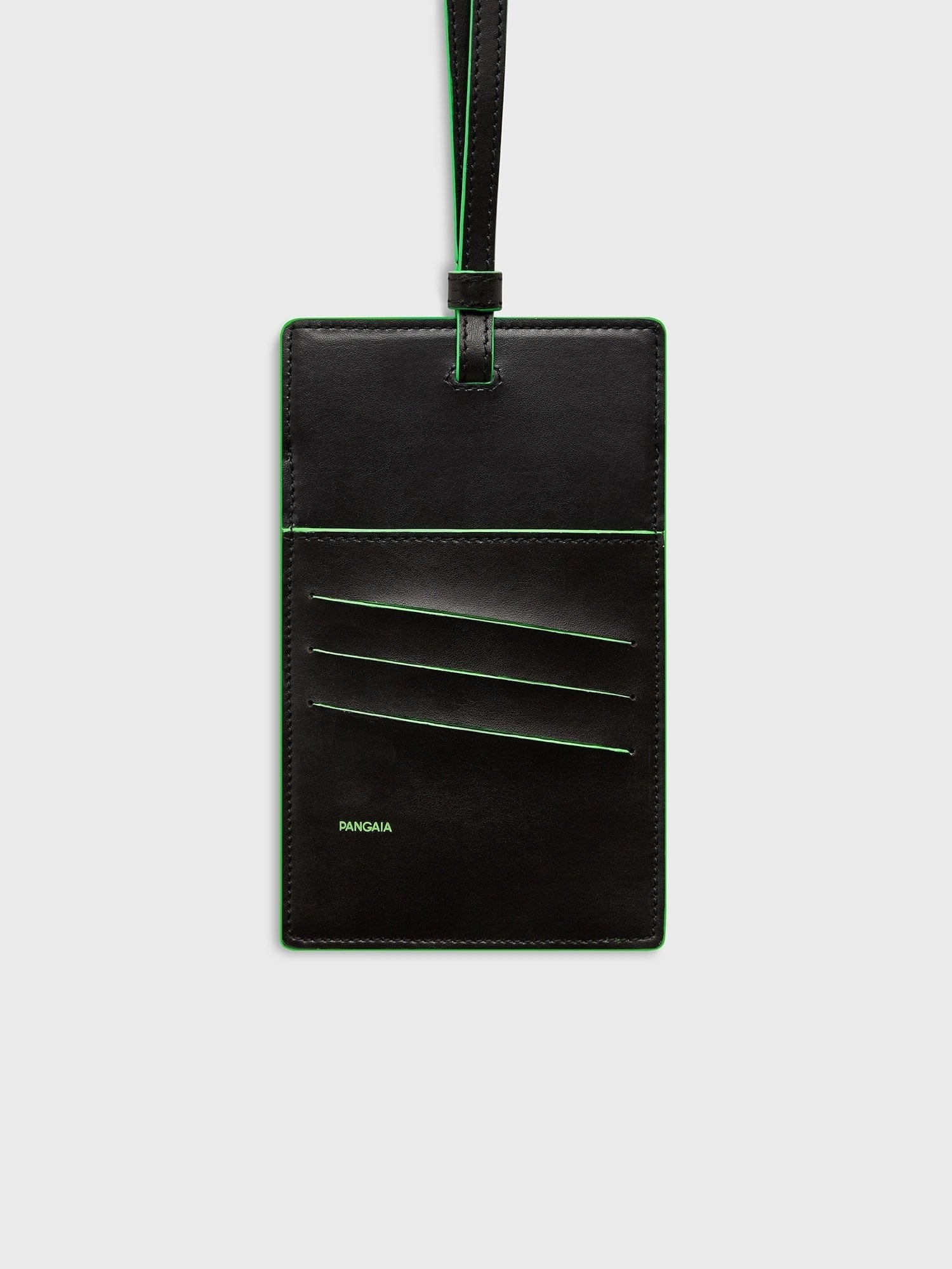 Pangaia Biobased passport holder packshot, black plant-based leather, jade green trim, cross-body strap, card slots