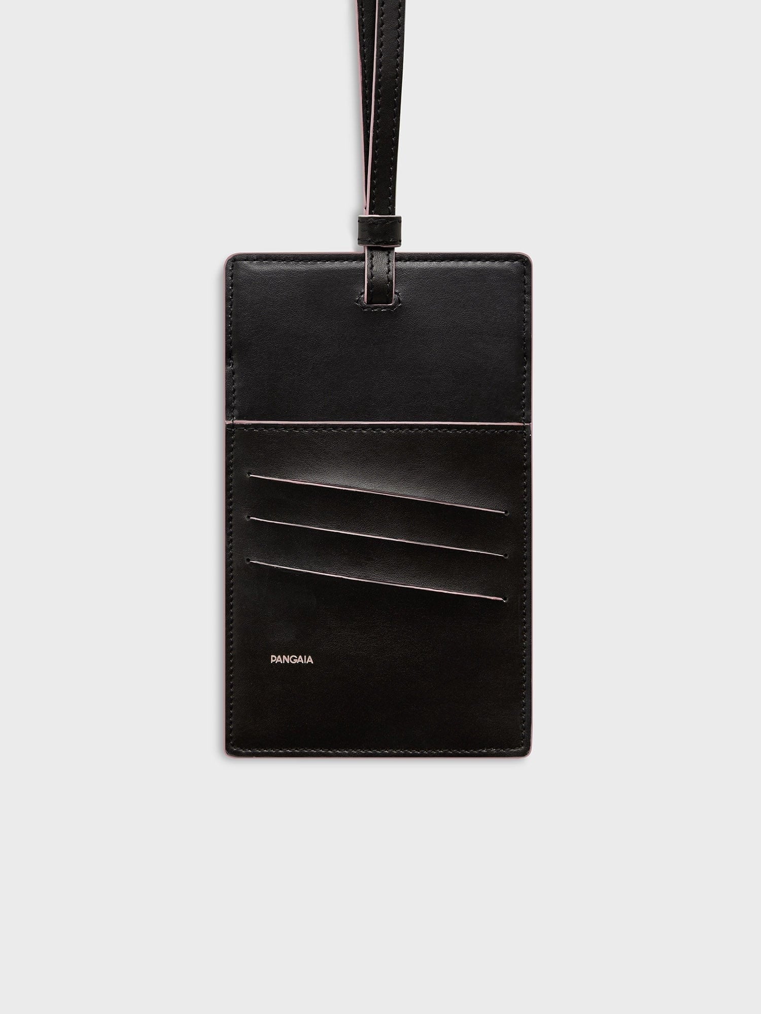 Pangaia Biobased Passport Holder packshot. Black plant-based leather alternative, sakura pink stitching, card slots