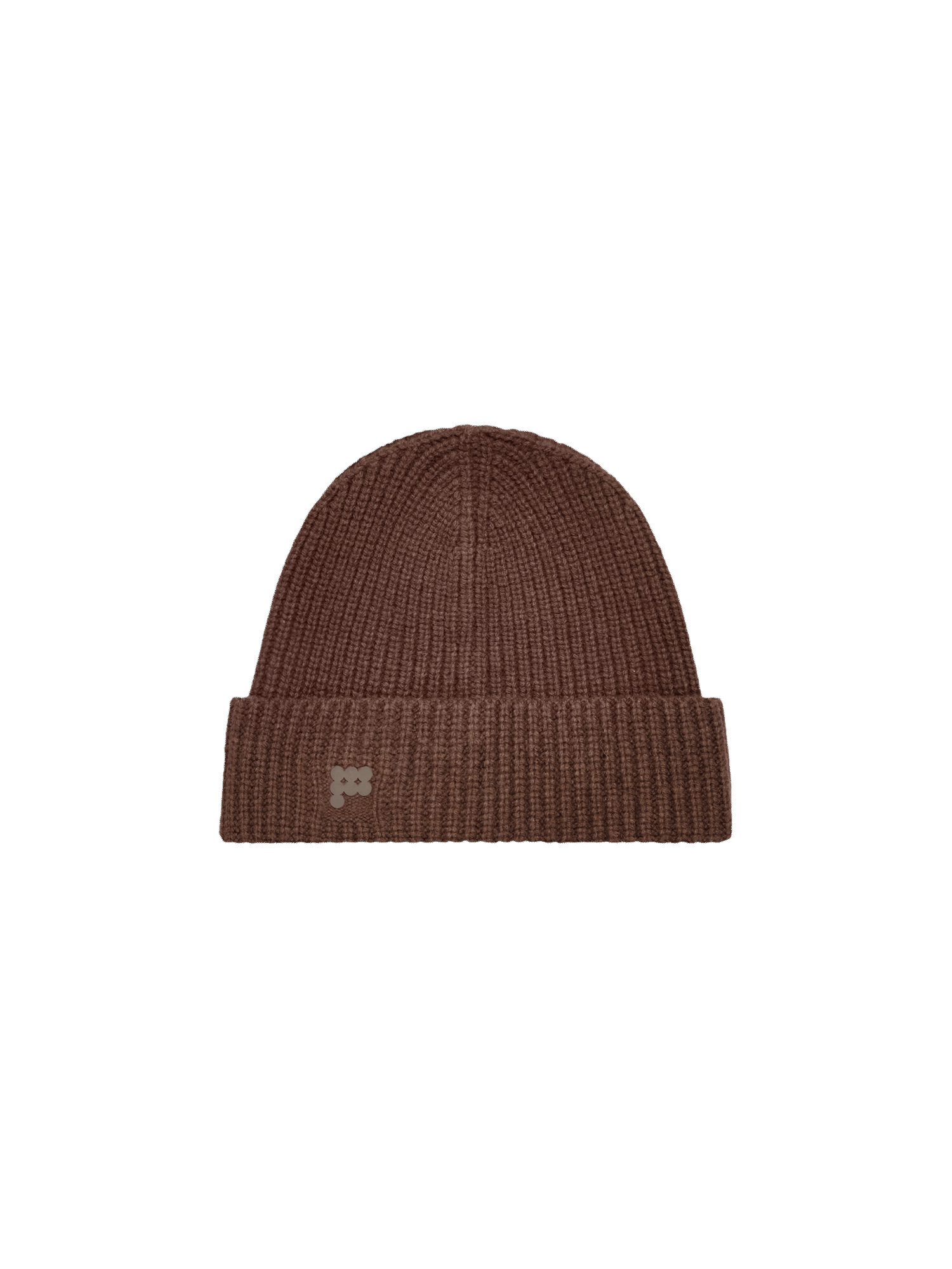 Chestnut brown Recycled Cashmere Hat packshot. Chunky knit beanie of 95% recycled cashmere, 5% recycled wool