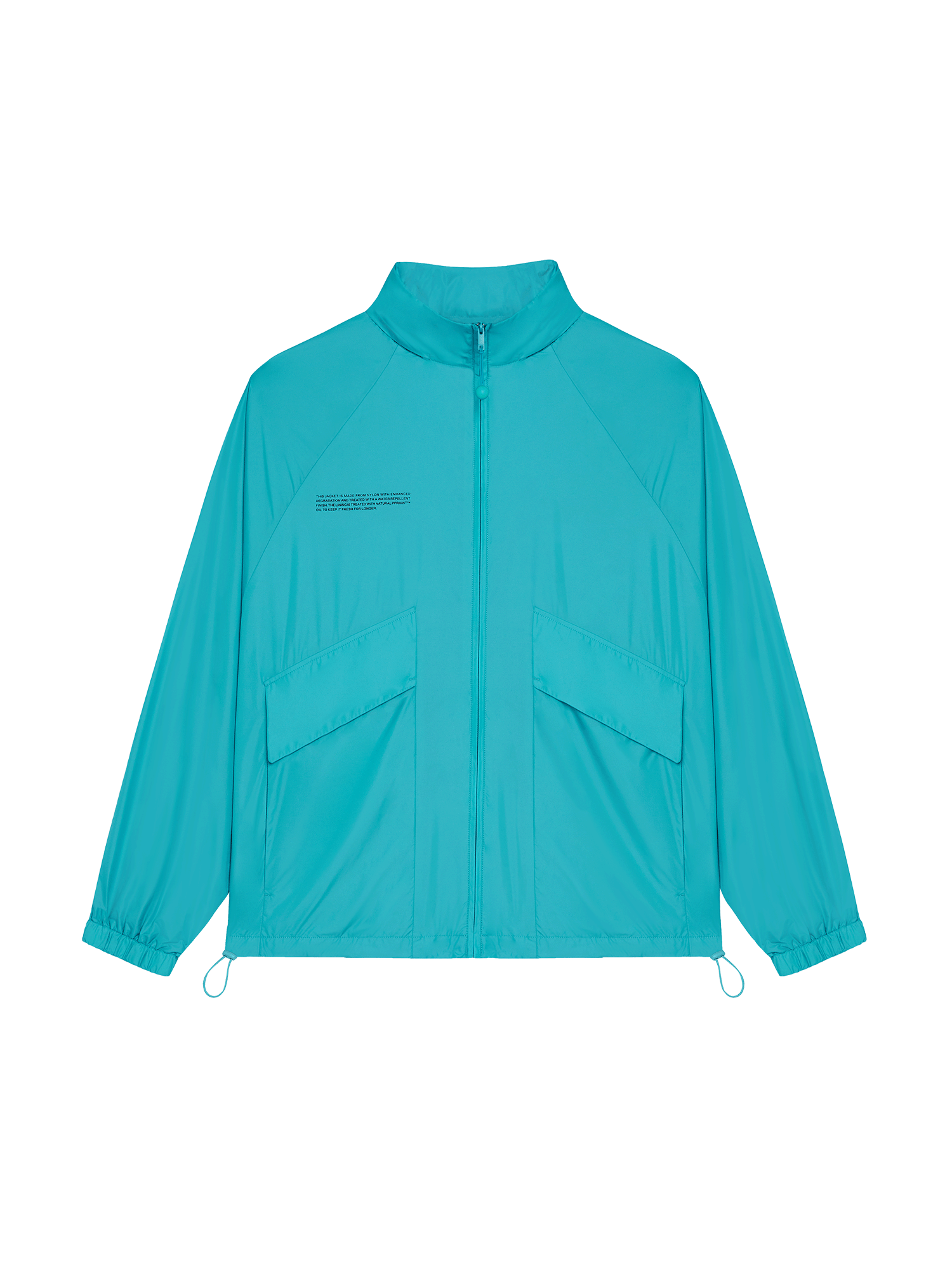 Turquoise nylon full-zip jacket packshot, stand collar, raglan sleeves, two flap pockets, drawstring hem, water repellent finish