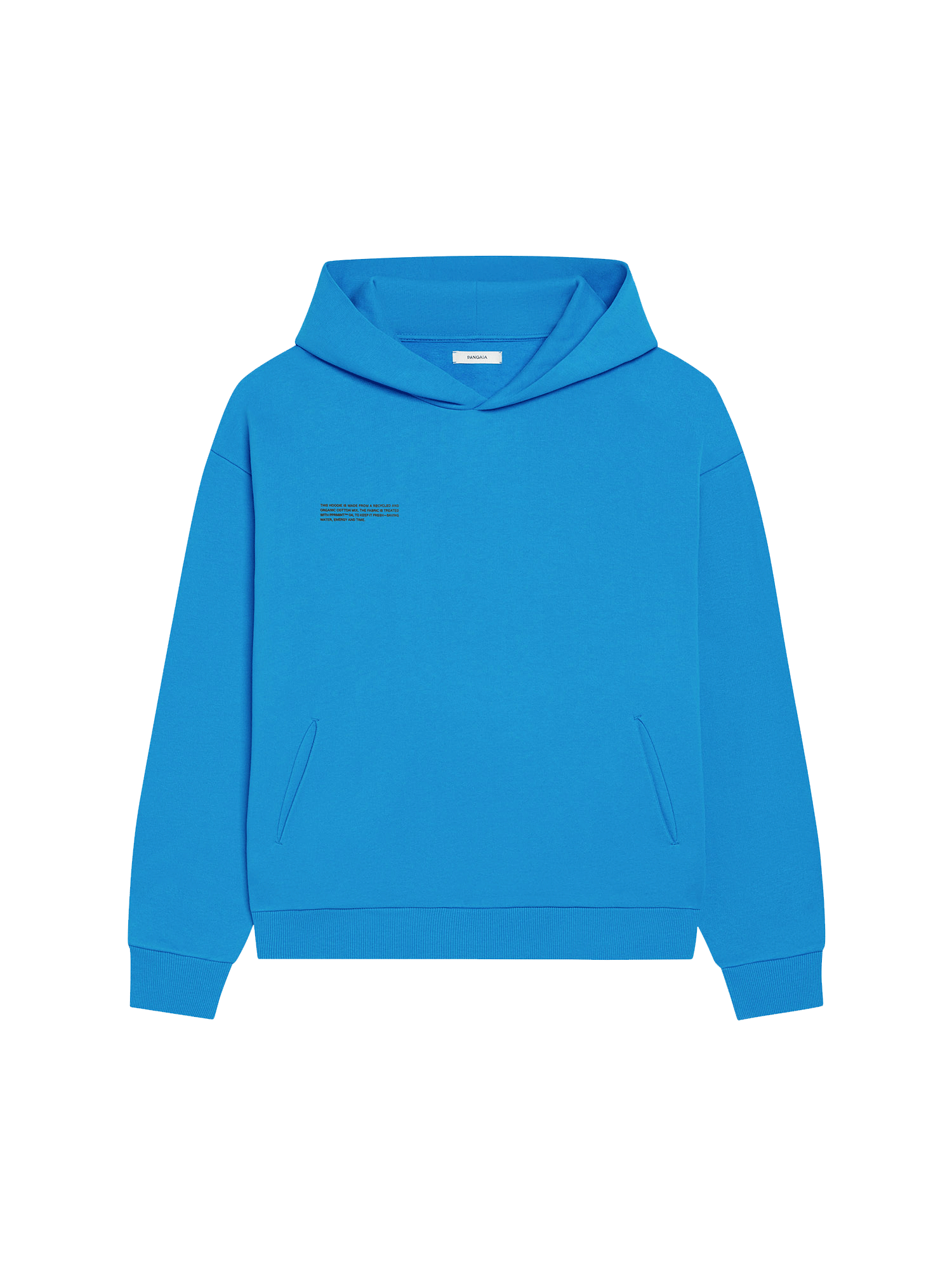 Archive Womens 365 Heavyweight Hoodie packshot, cerulean blue organic cotton, drop-shoulder fit, hood, pouch pocket, ribbed cuffs and hem